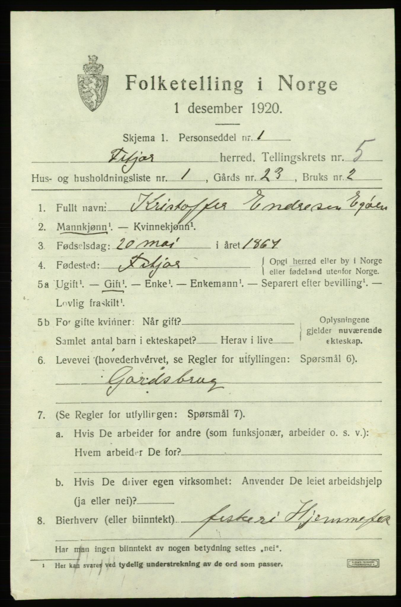 SAB, 1920 census for Fitjar, 1920, p. 2520
