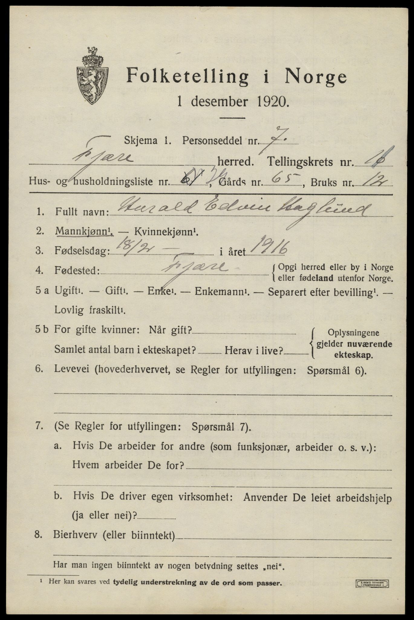 SAK, 1920 census for Fjære, 1920, p. 12037