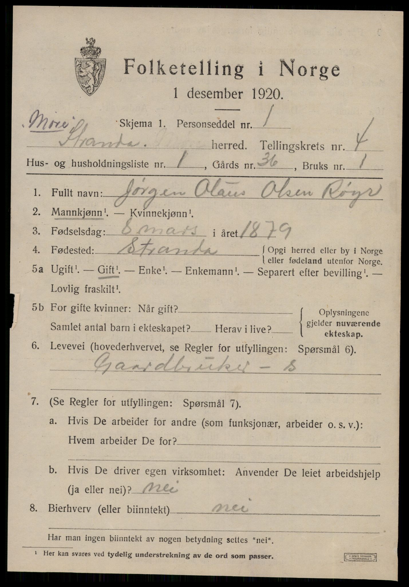SAT, 1920 census for Stranda, 1920, p. 2421