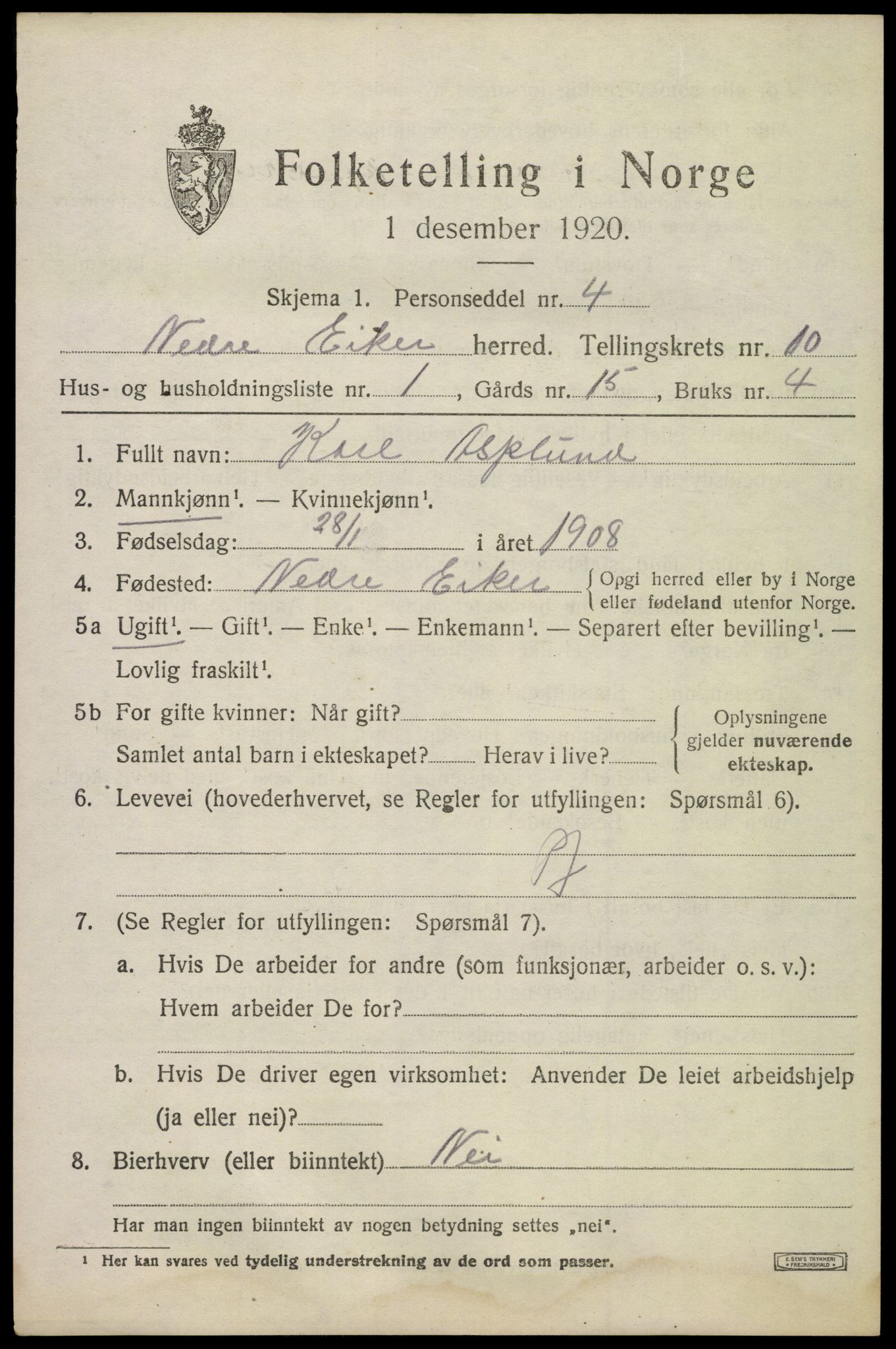 SAKO, 1920 census for Nedre Eiker, 1920, p. 9899