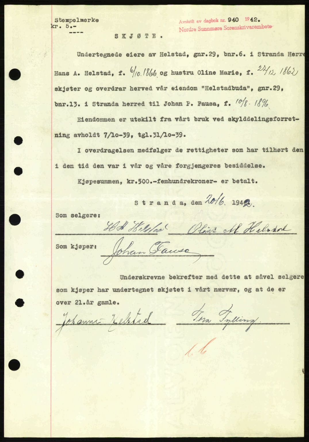 Nordre Sunnmøre sorenskriveri, AV/SAT-A-0006/1/2/2C/2Ca: Mortgage book no. A13, 1942-1942, Diary no: : 940/1942