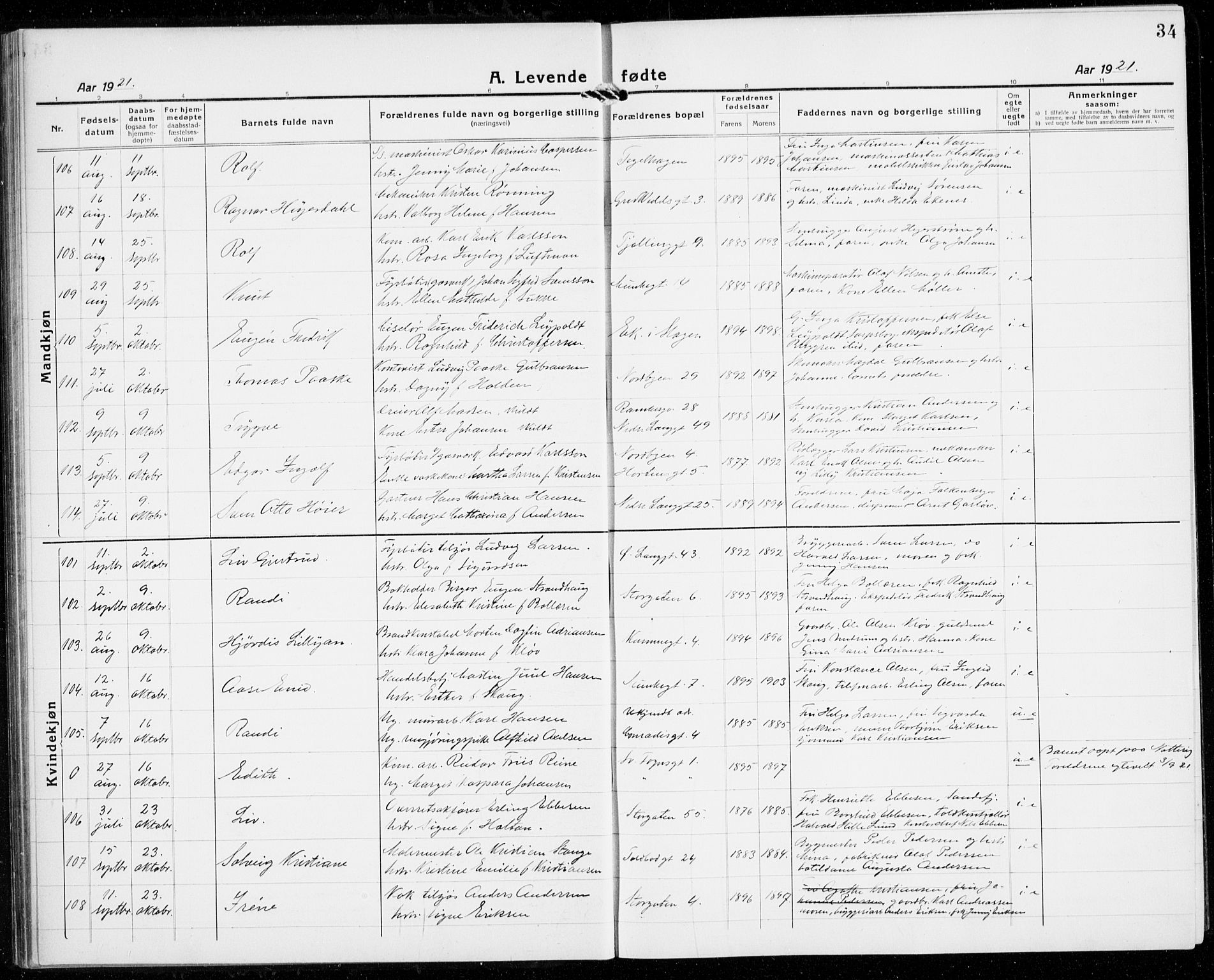 Tønsberg kirkebøker, AV/SAKO-A-330/G/Ga/L0010: Parish register (copy) no. 10, 1920-1942, p. 34