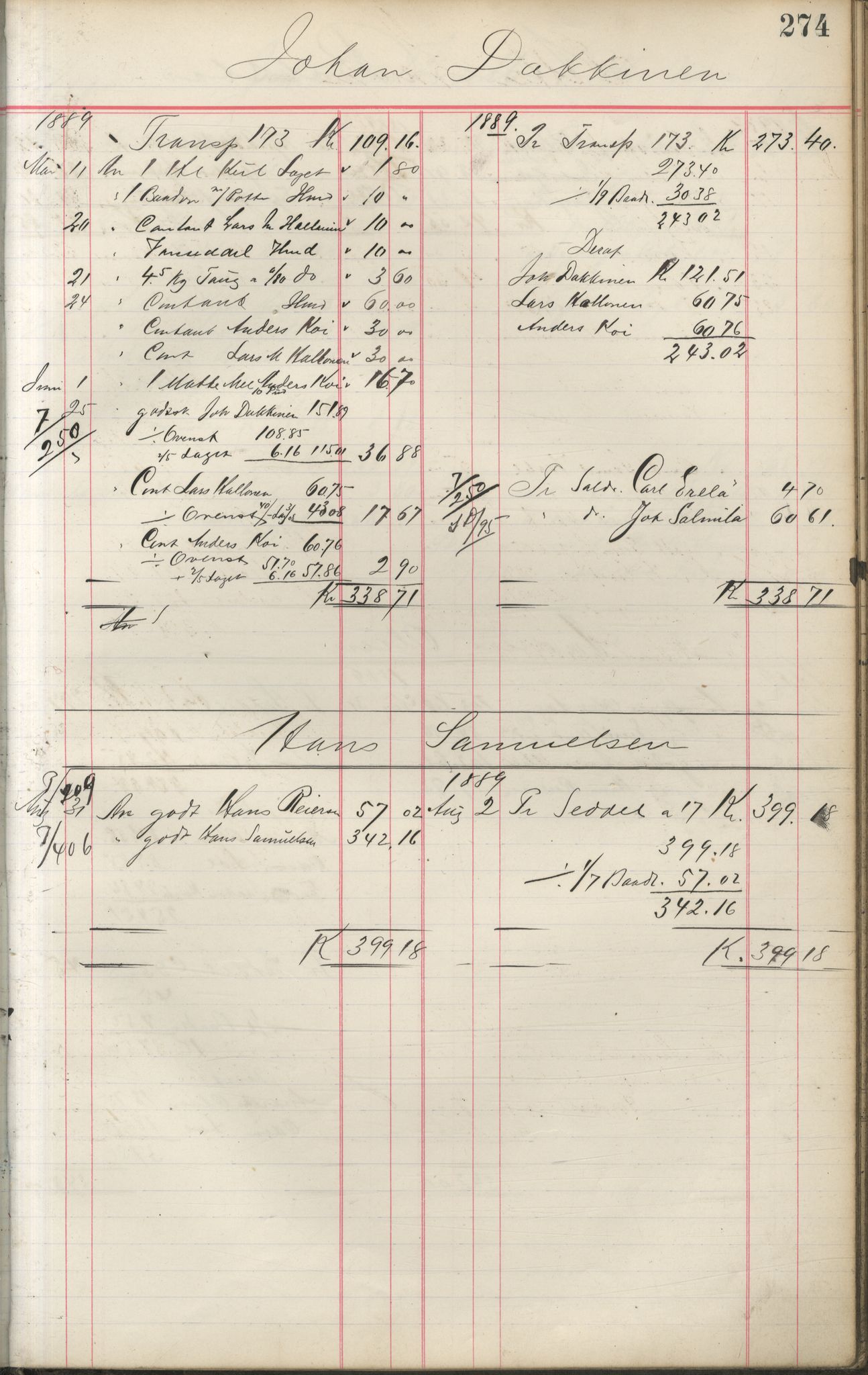 Brodtkorb handel A/S, VAMU/A-0001/F/Fa/L0001/0002: Kompanibøker. Innensogns / Compagnibog for Indensogns Fiskere No 11, 1887-1889, p. 274