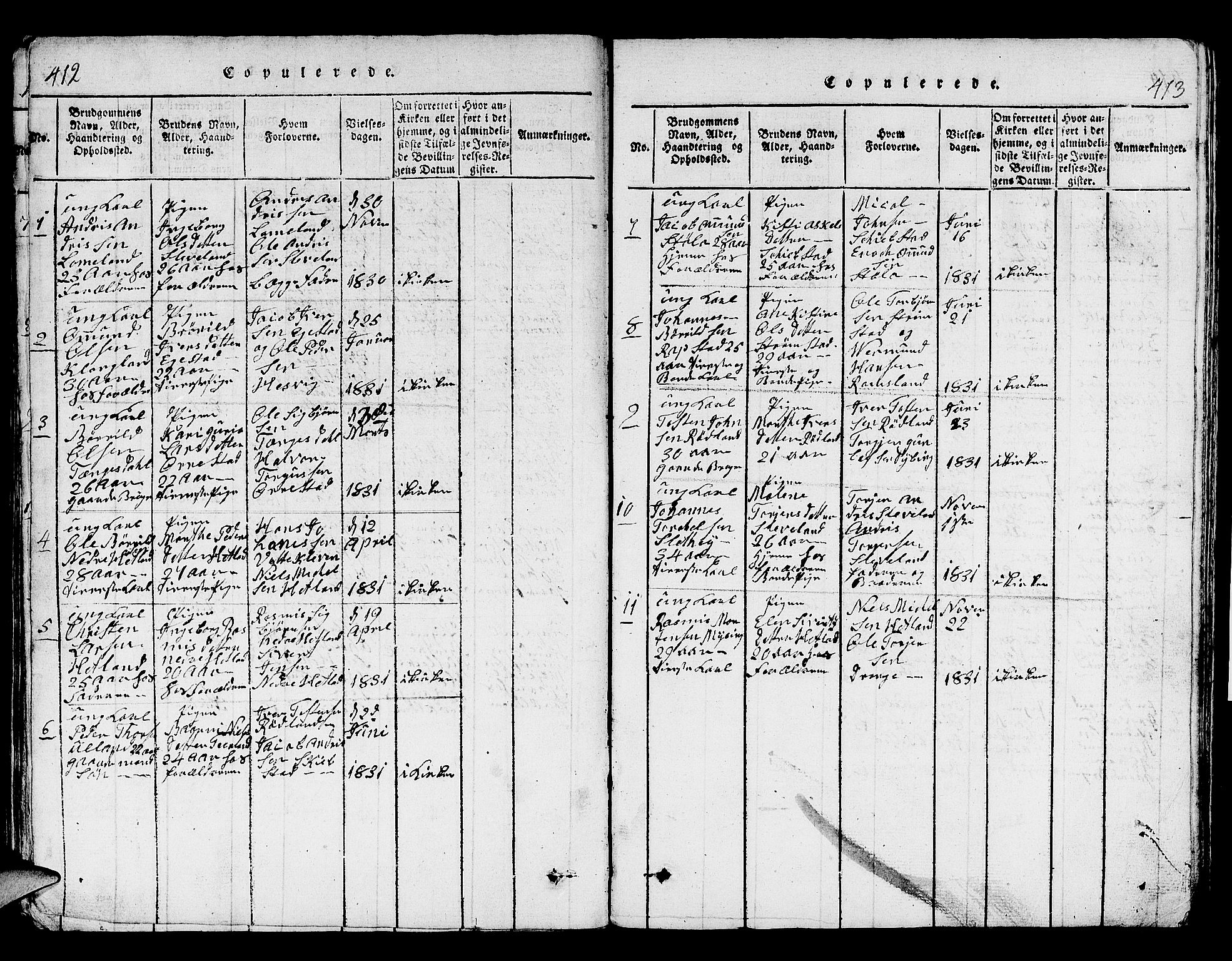 Helleland sokneprestkontor, AV/SAST-A-101810: Parish register (copy) no. B 1, 1815-1841, p. 412-413