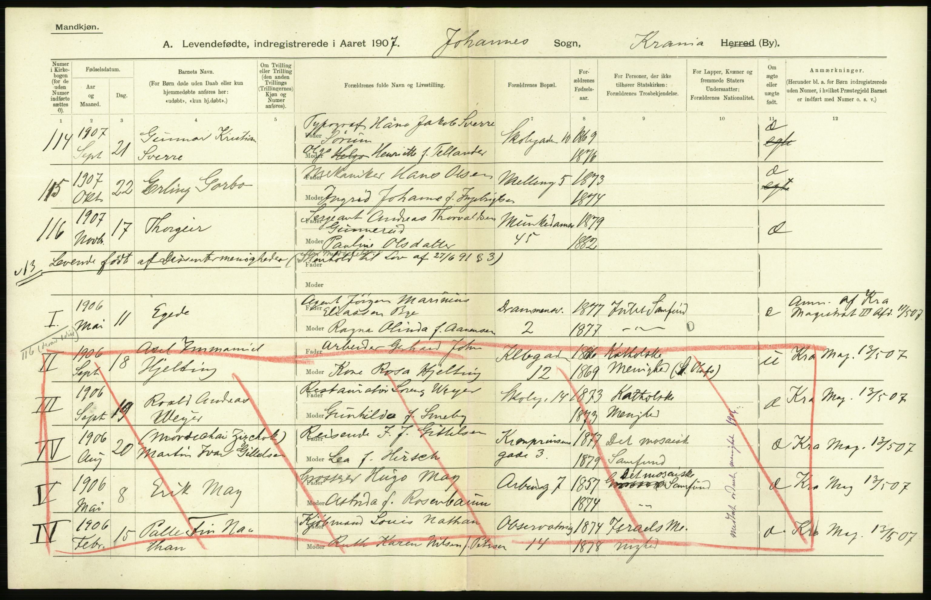 Statistisk sentralbyrå, Sosiodemografiske emner, Befolkning, AV/RA-S-2228/D/Df/Dfa/Dfae/L0006: Kristiania: Levendefødte menn og kvinner., 1907, p. 374