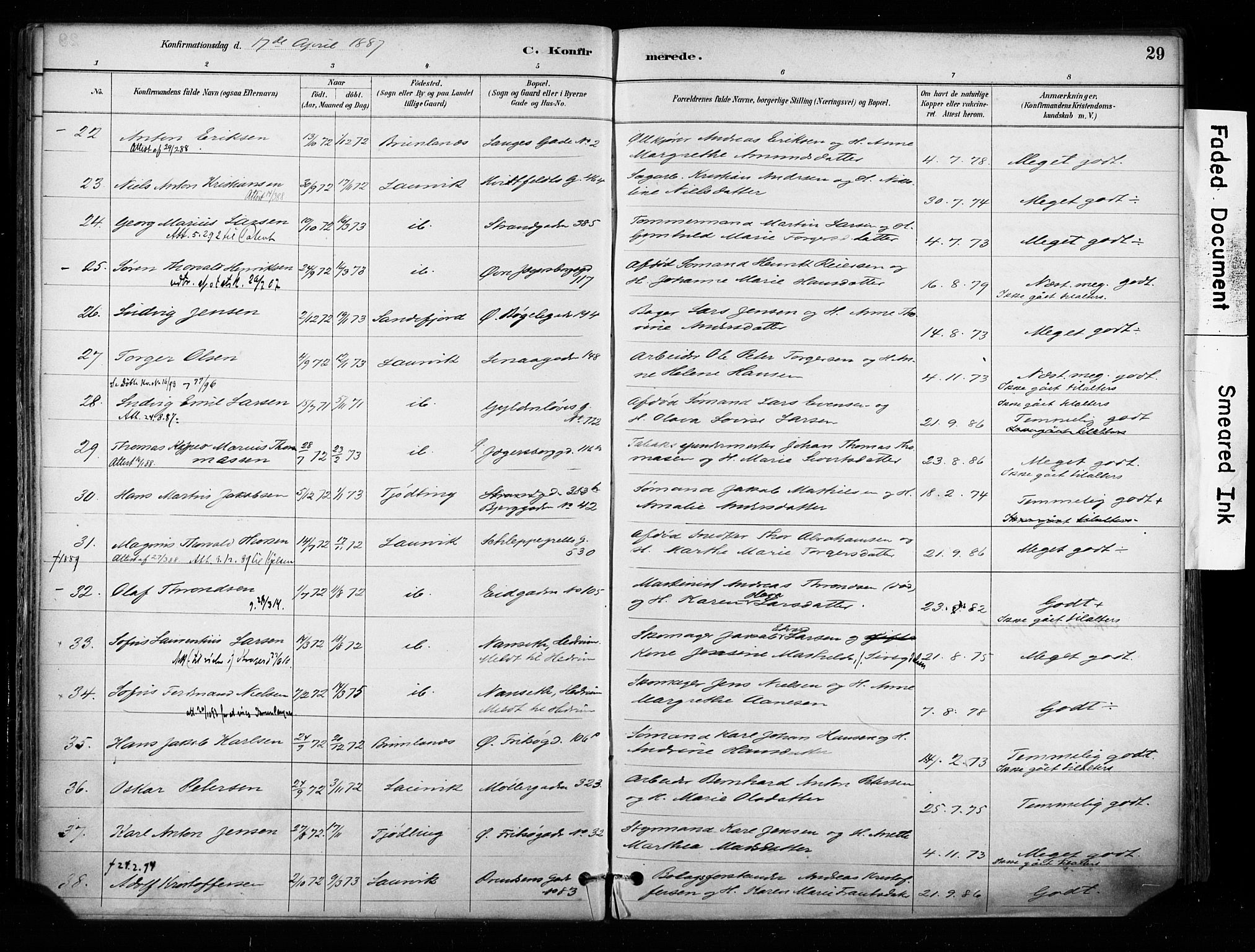 Larvik kirkebøker, AV/SAKO-A-352/F/Fa/L0008: Parish register (official) no. I 8, 1884-1902, p. 29