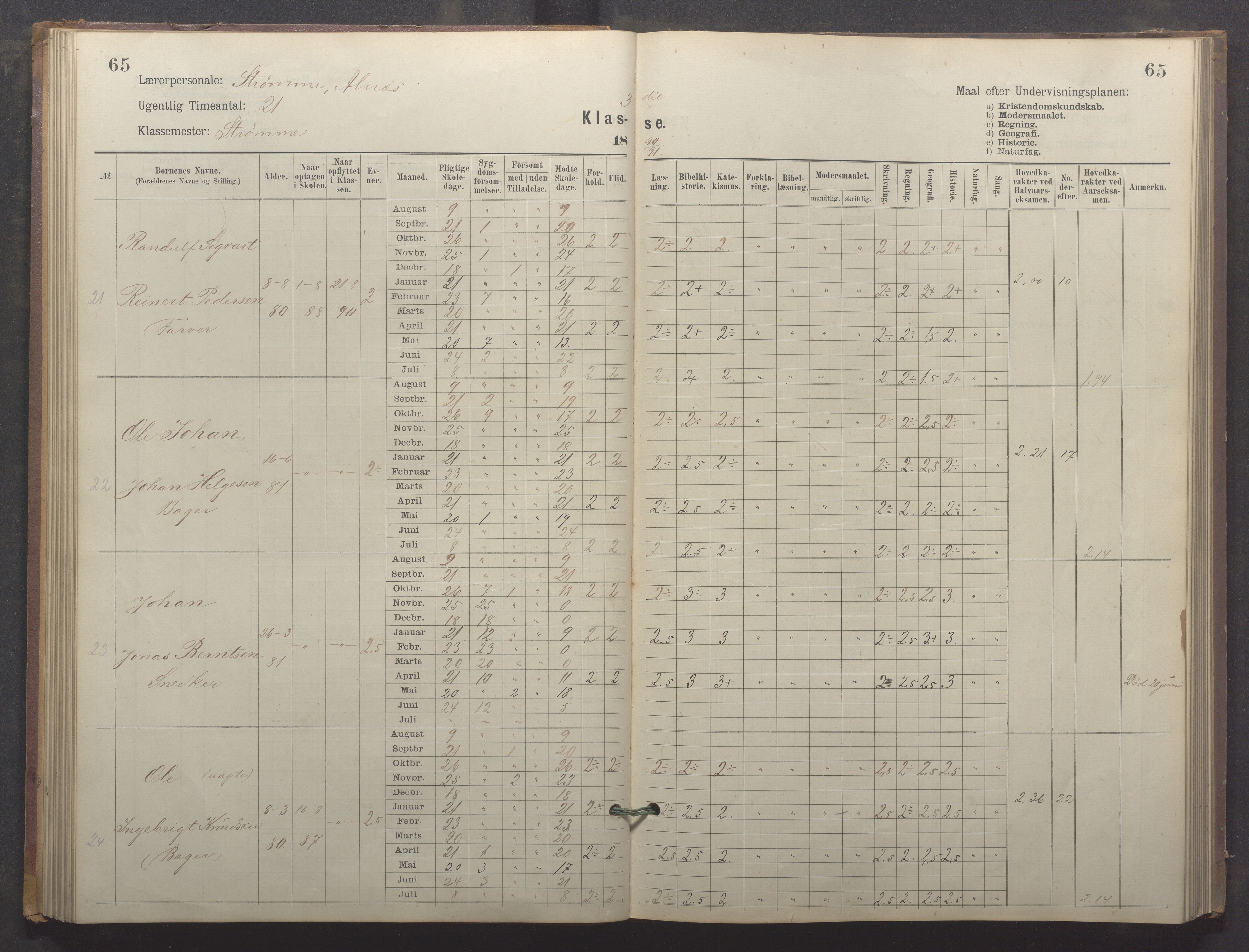 Egersund kommune (Ladested) - Egersund almueskole/folkeskole, IKAR/K-100521/H/L0024: Skoleprotokoll - Almueskolen, 3. klasse, 1887-1892, p. 65