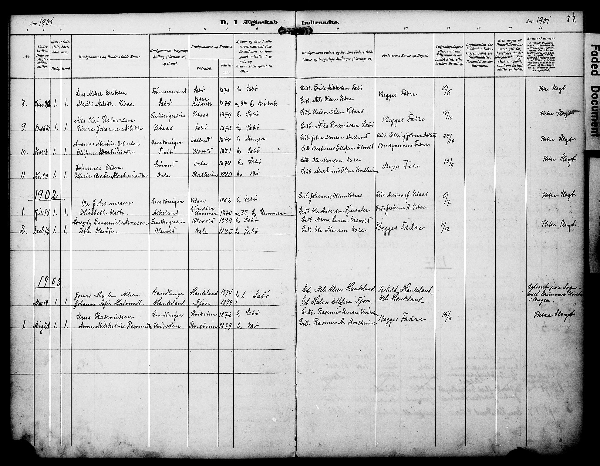 Manger sokneprestembete, AV/SAB-A-76801/H/Haa: Parish register (official) no. D 2, 1894-1908, p. 77