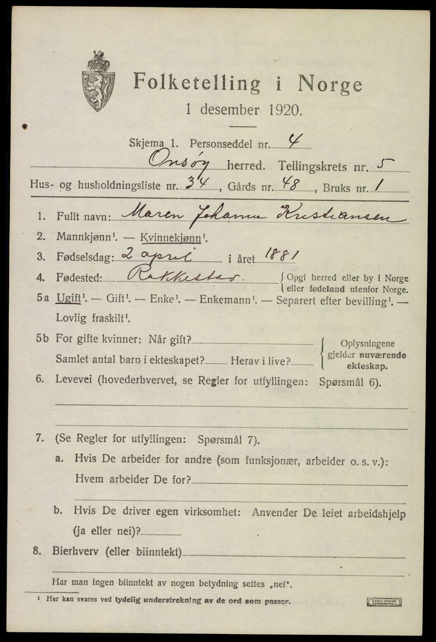 SAO, 1920 census for Onsøy, 1920, p. 6896