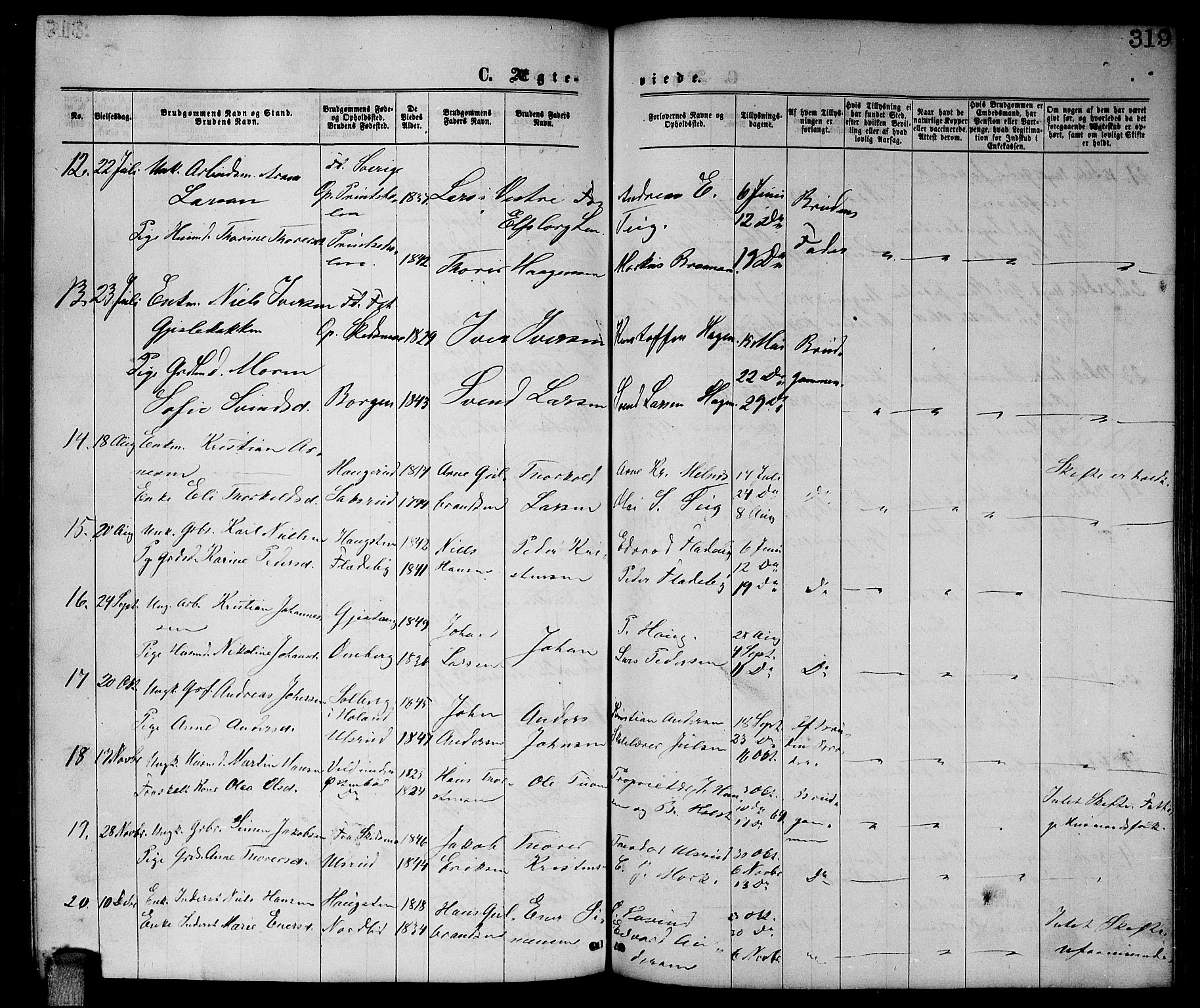 Enebakk prestekontor Kirkebøker, AV/SAO-A-10171c/G/Ga/L0005: Parish register (copy) no. I 5, 1867-1888, p. 319