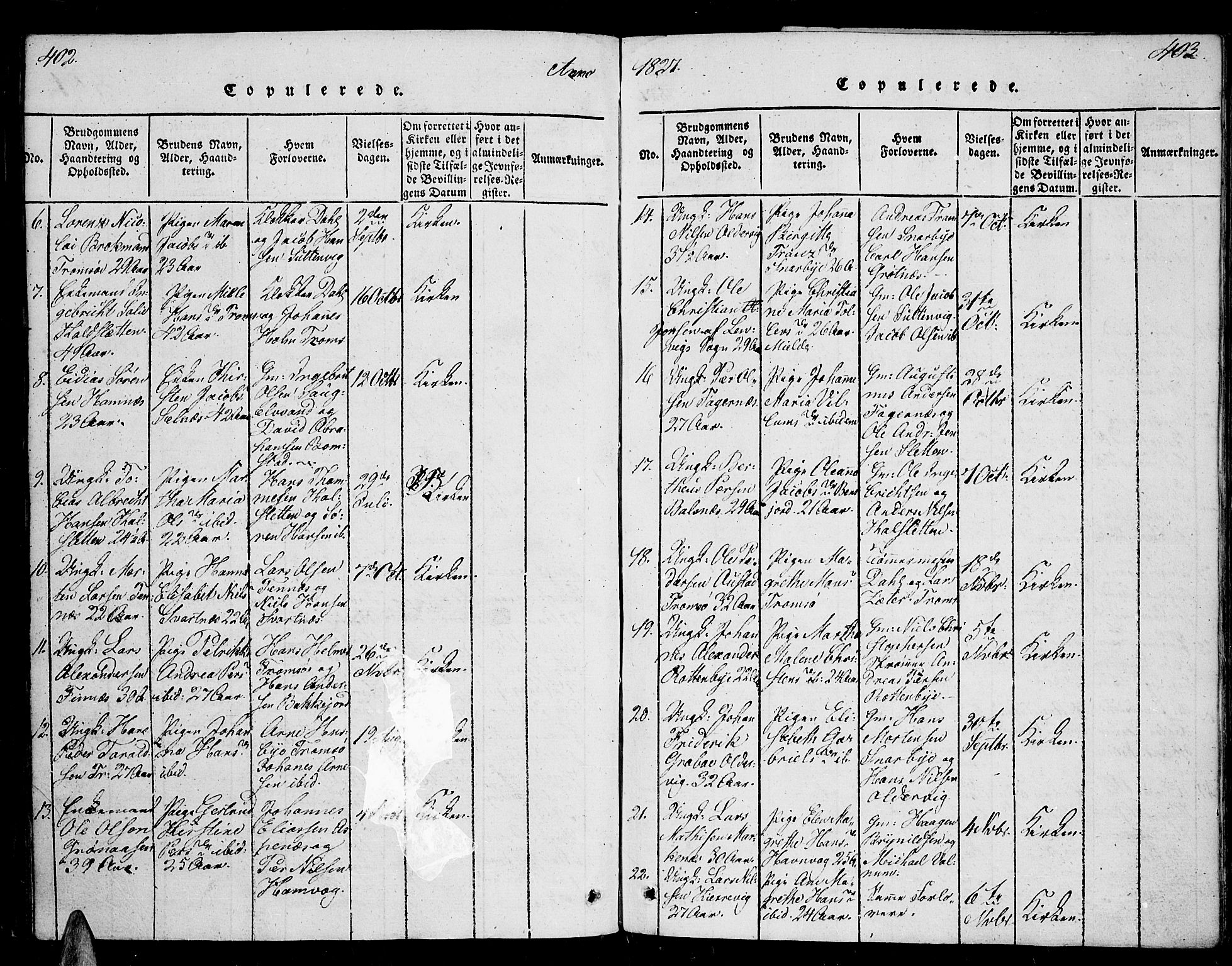 Tromsø sokneprestkontor/stiftsprosti/domprosti, AV/SATØ-S-1343/G/Ga/L0007kirke: Parish register (official) no. 7, 1821-1828, p. 402-403