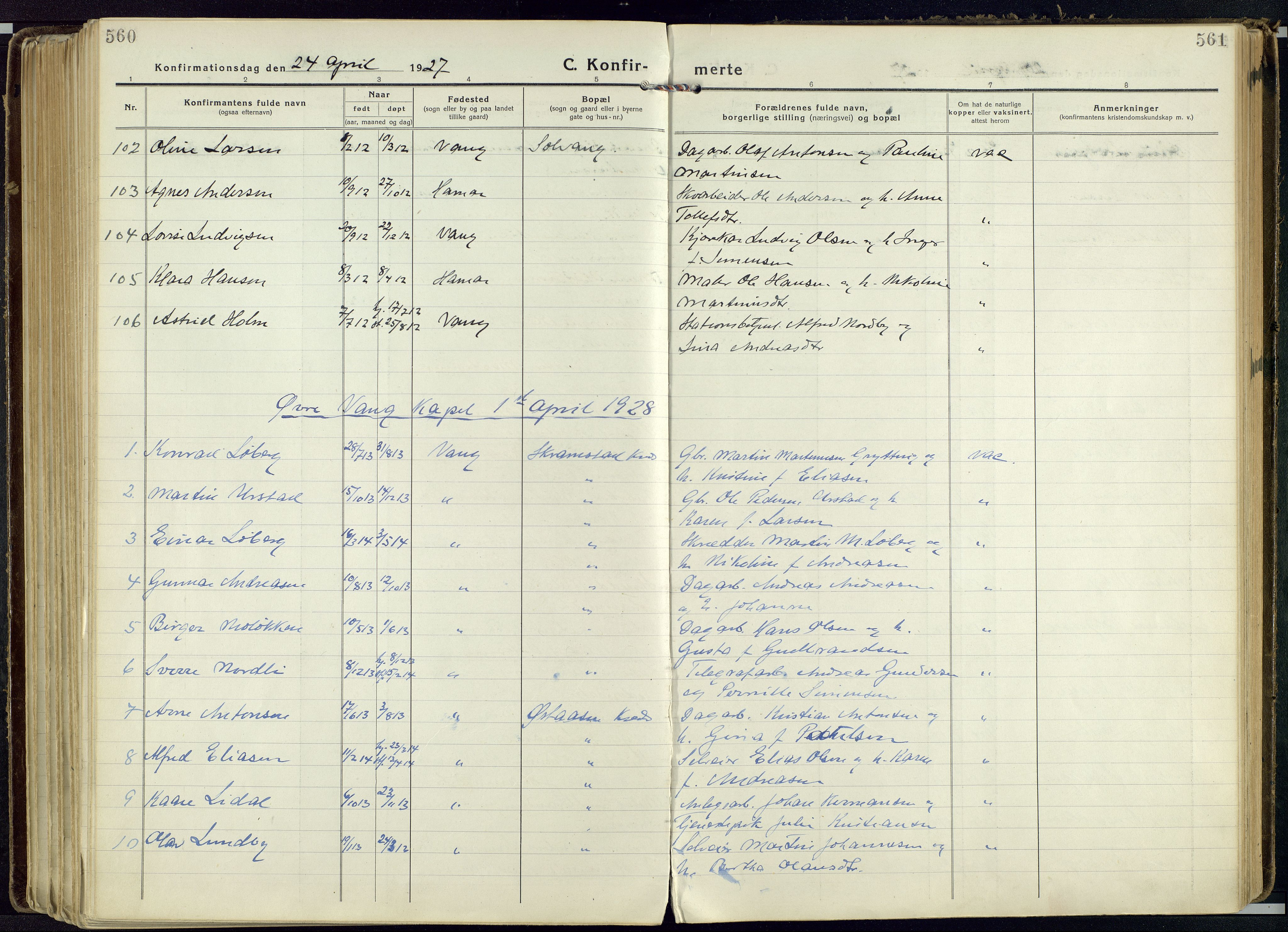 Vang prestekontor, Hedmark, SAH/PREST-008/H/Ha/Haa/L0022: Parish register (official) no. 22, 1918-1944, p. 560-561