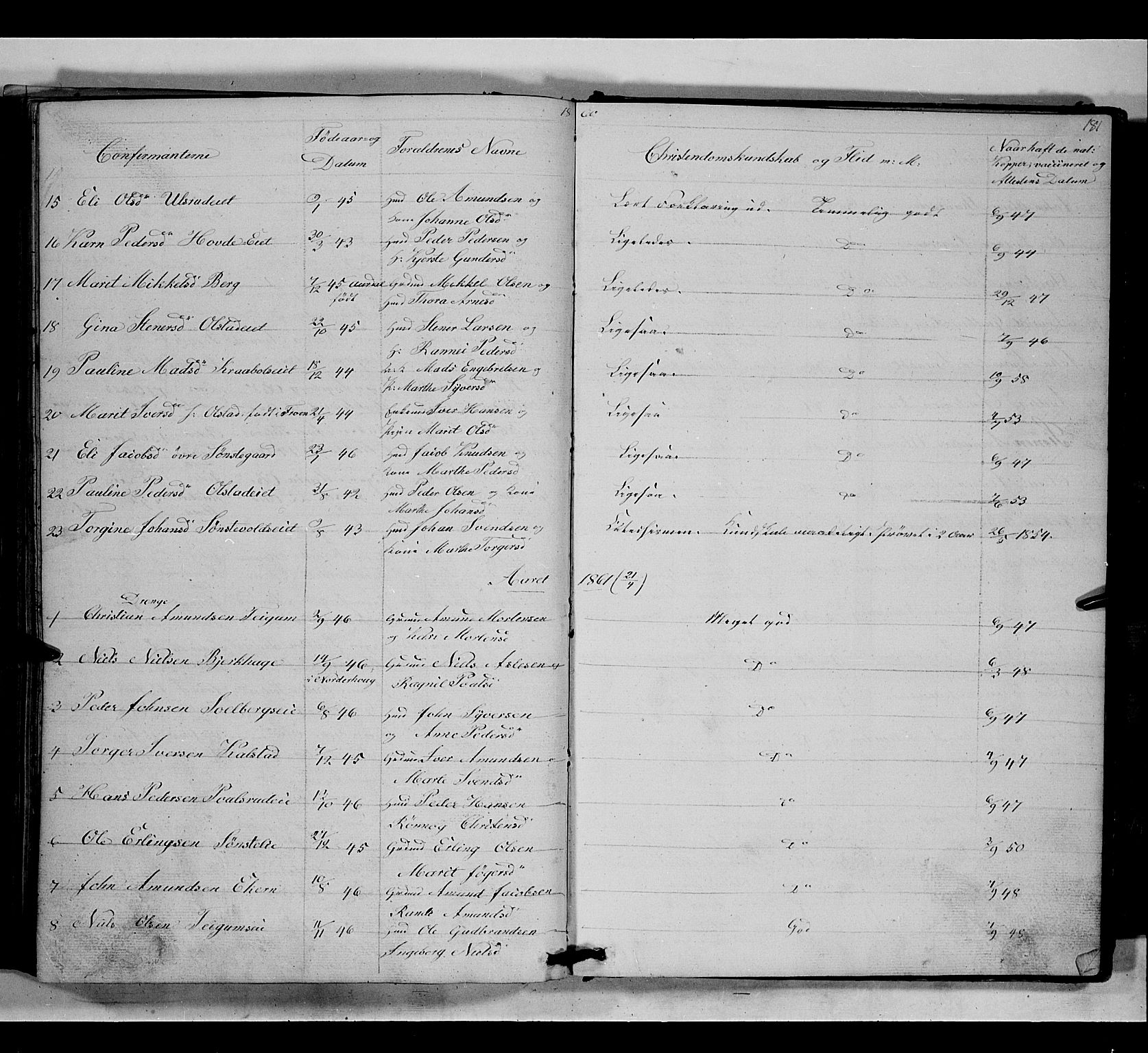 Gausdal prestekontor, SAH/PREST-090/H/Ha/Hab/L0005: Parish register (copy) no. 5, 1846-1867, p. 181