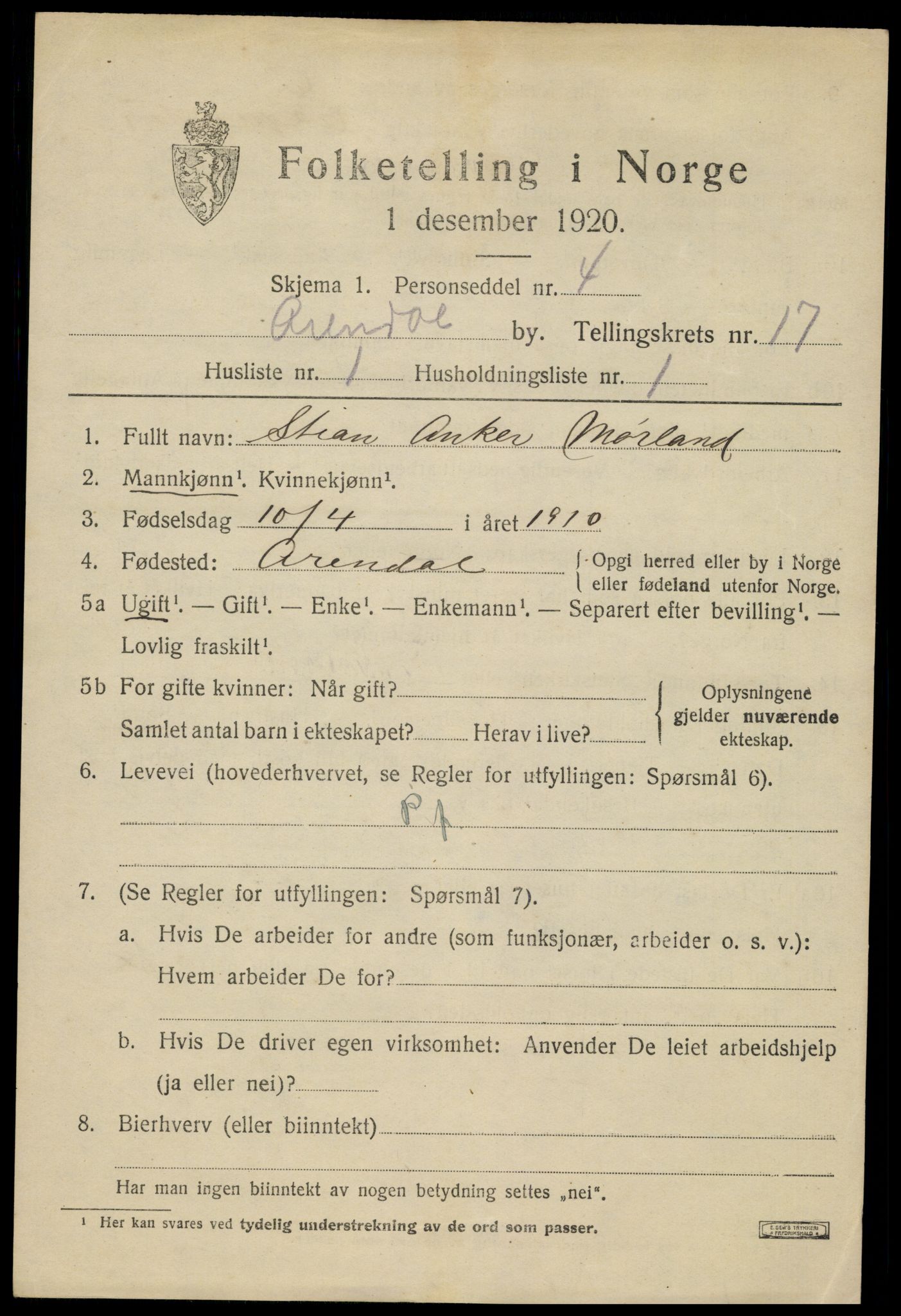 SAK, 1920 census for Arendal, 1920, p. 24052