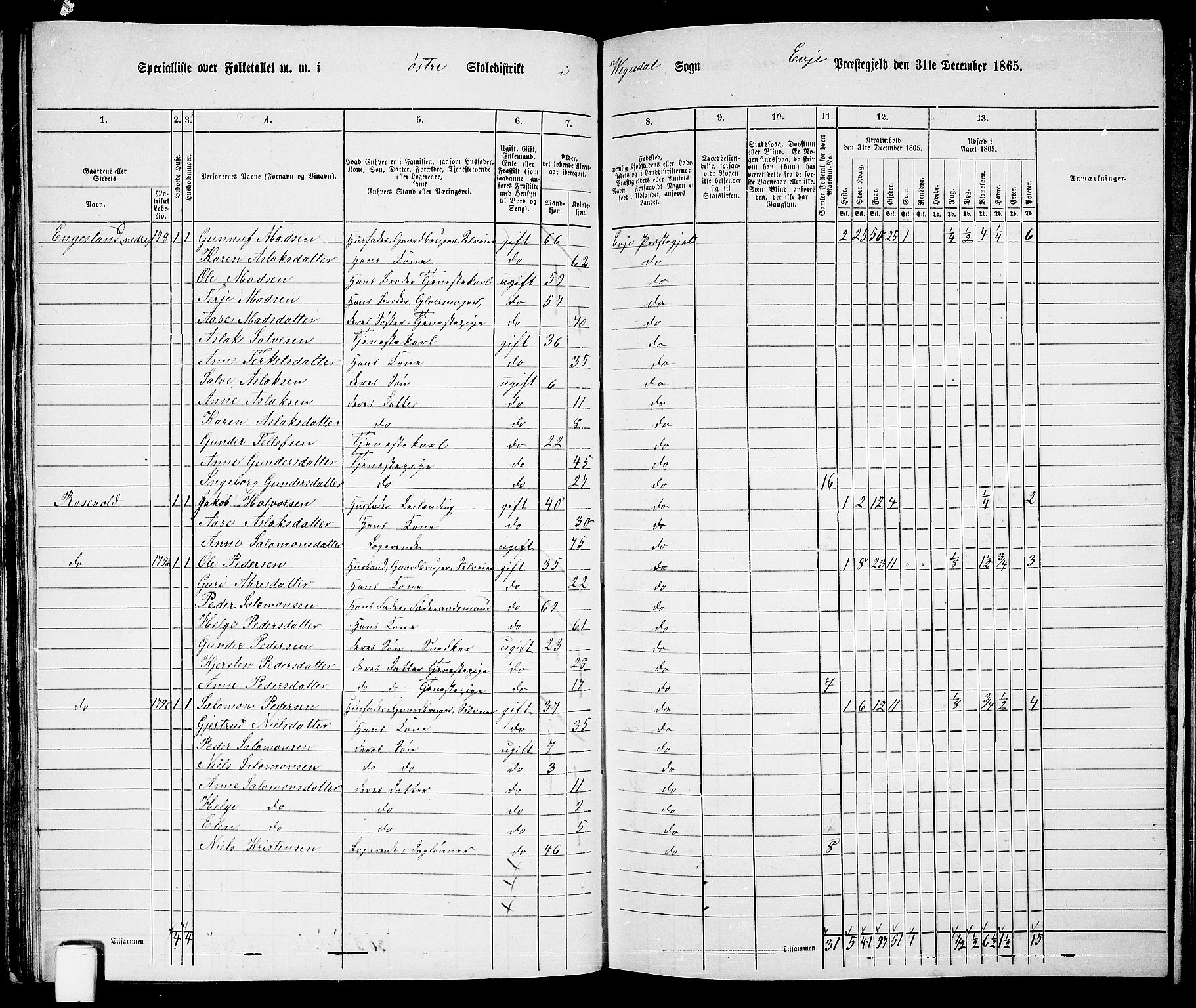 RA, 1865 census for Evje, 1865, p. 58