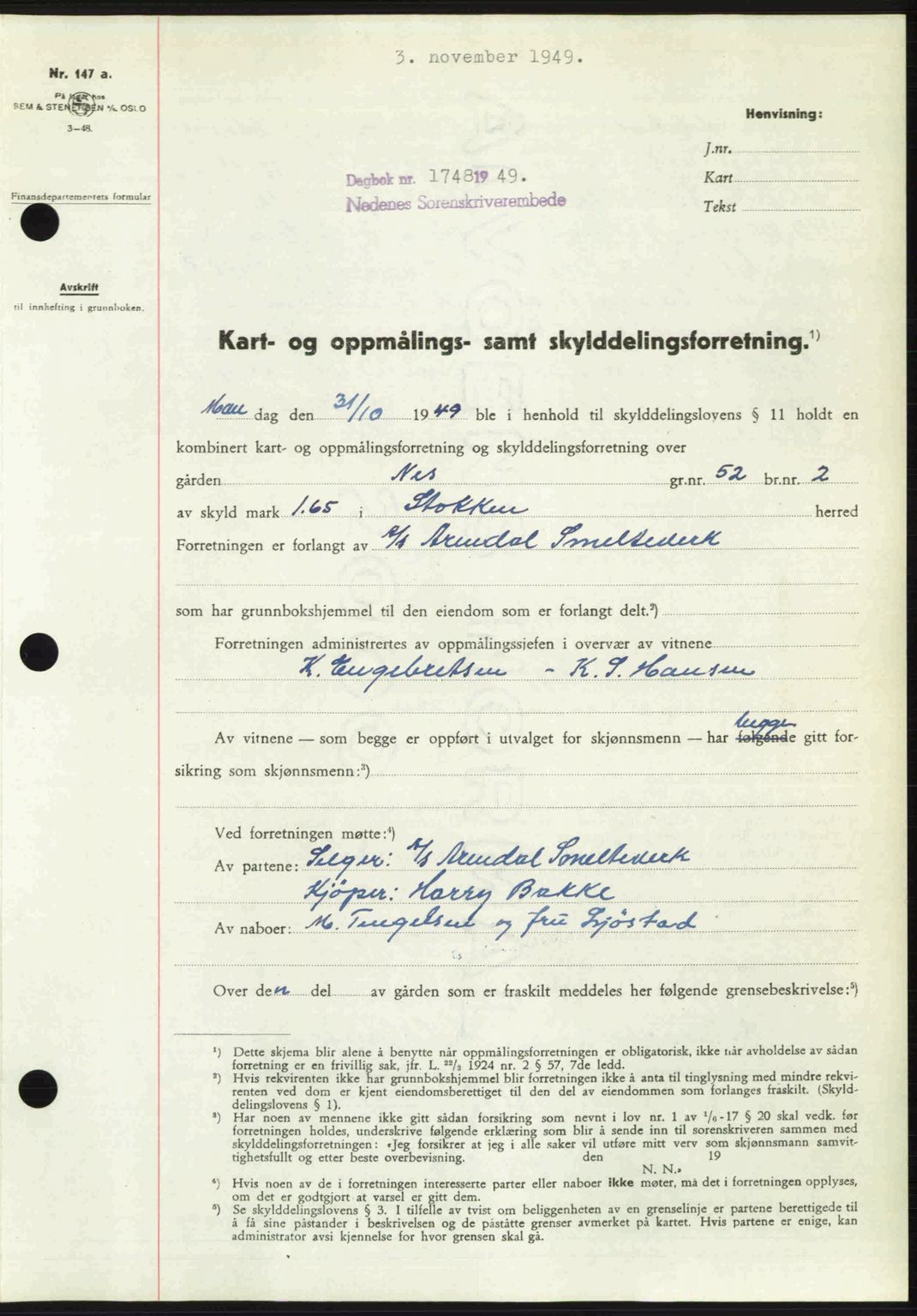 Nedenes sorenskriveri, SAK/1221-0006/G/Gb/Gba/L0061: Mortgage book no. A13, 1949-1949, Diary no: : 1748/1949