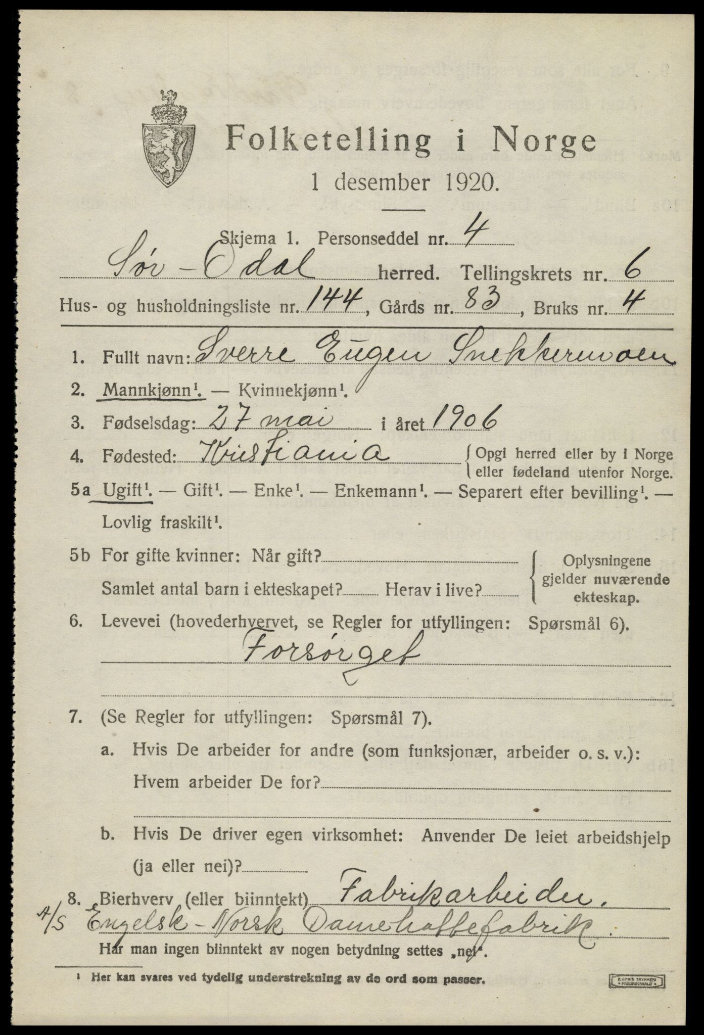 SAH, 1920 census for Sør-Odal, 1920, p. 8643