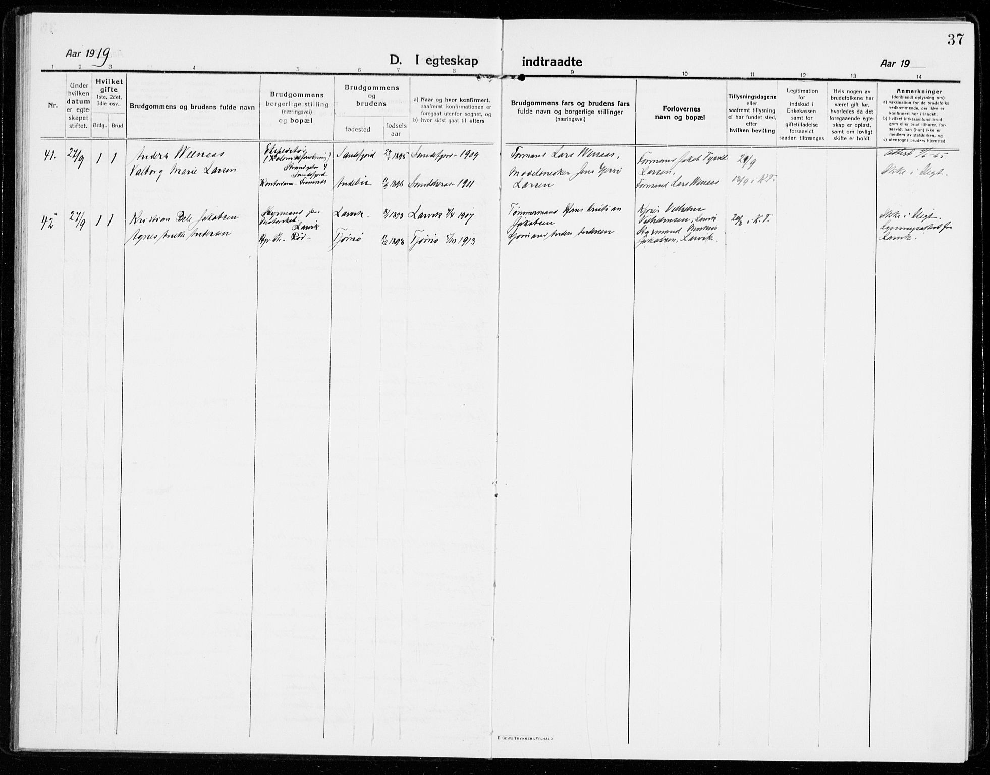 Sandar kirkebøker, AV/SAKO-A-243/F/Fa/L0020: Parish register (official) no. 20, 1915-1919, p. 37