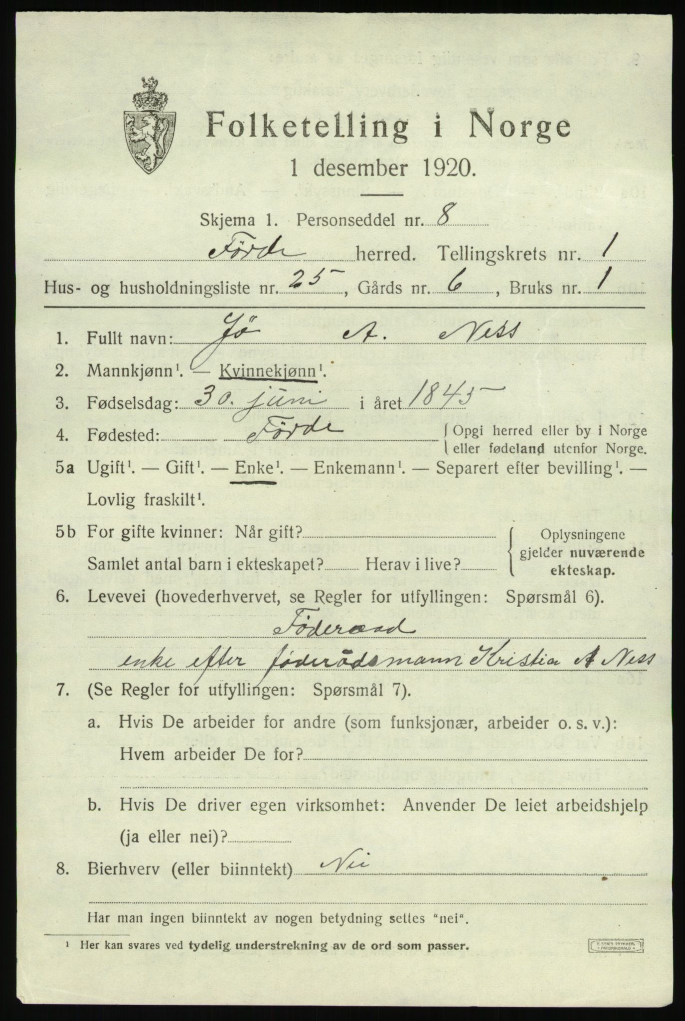 SAB, 1920 census for Førde, 1920, p. 1414