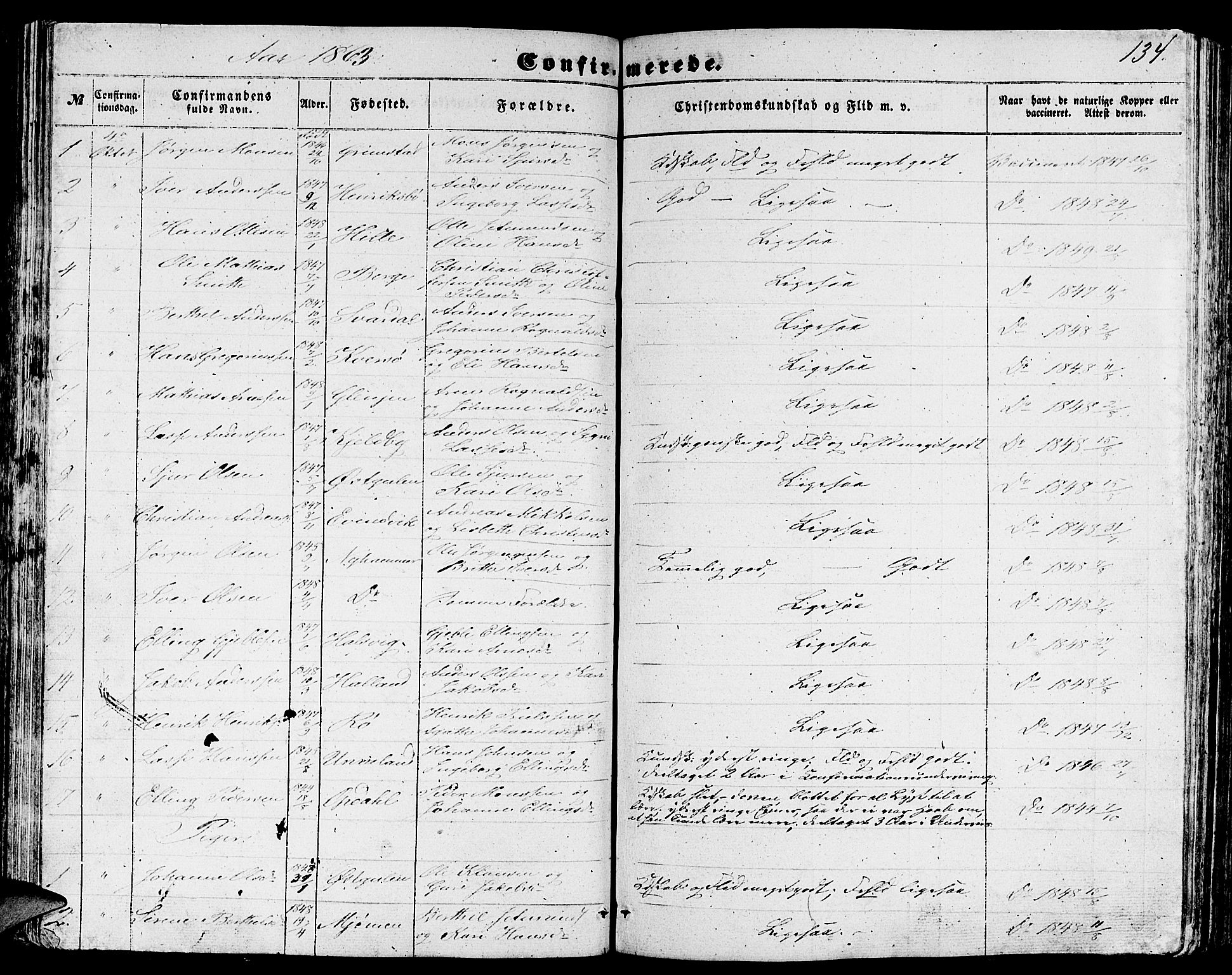 Gulen sokneprestembete, AV/SAB-A-80201/H/Hab/Habb/L0001: Parish register (copy) no. B 1, 1854-1866, p. 134