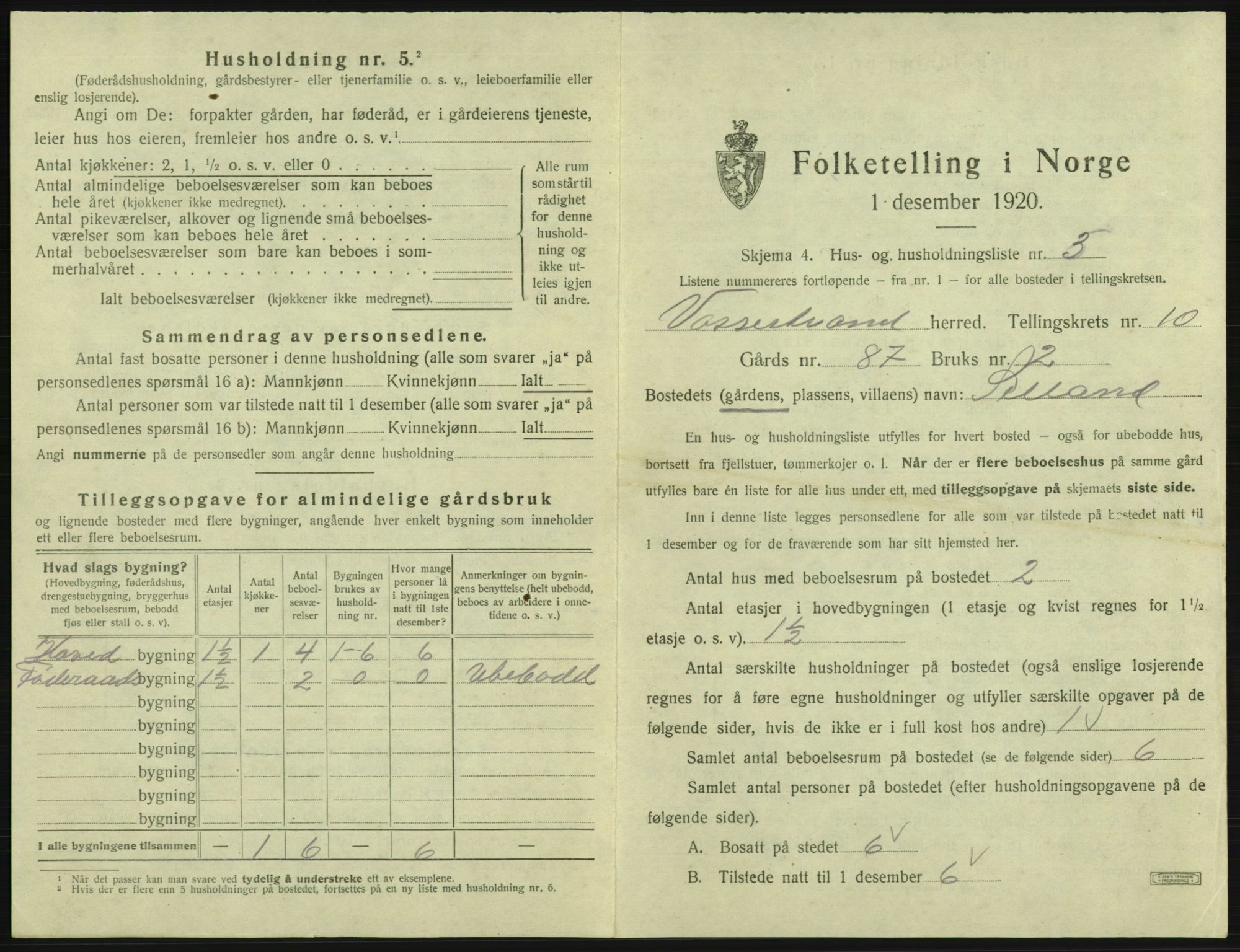 SAB, 1920 census for Vossestrand, 1920, p. 664