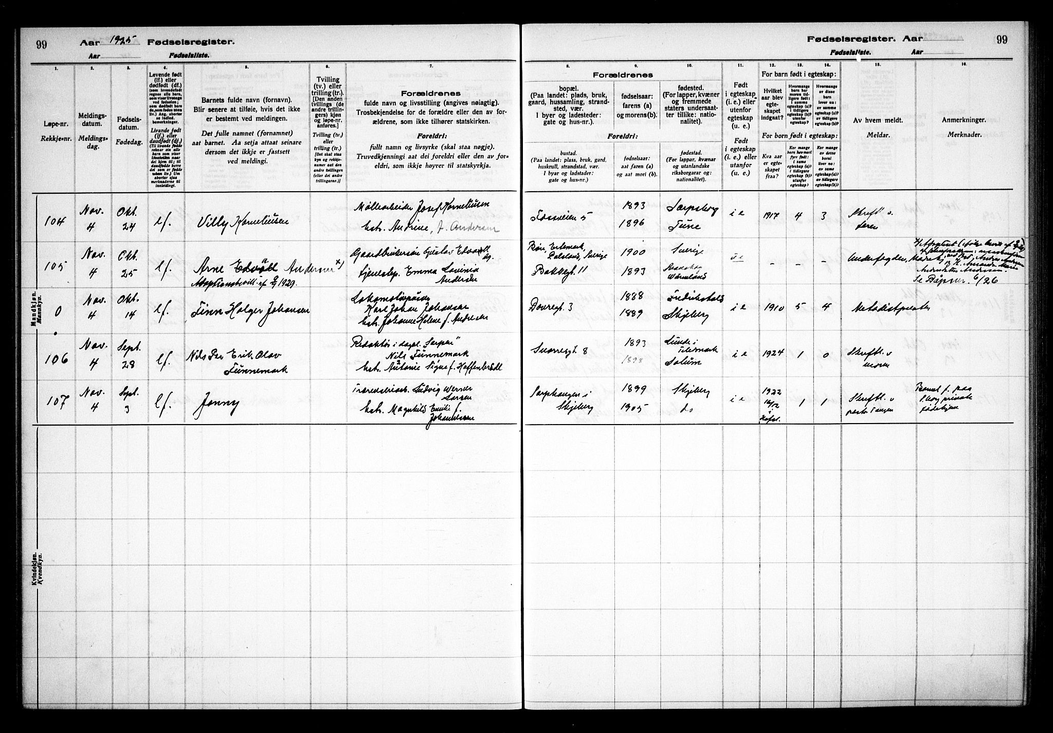 Sarpsborg prestekontor Kirkebøker, AV/SAO-A-2006/J/Ja/L0002: Birth register no. 2, 1922-1928, p. 99