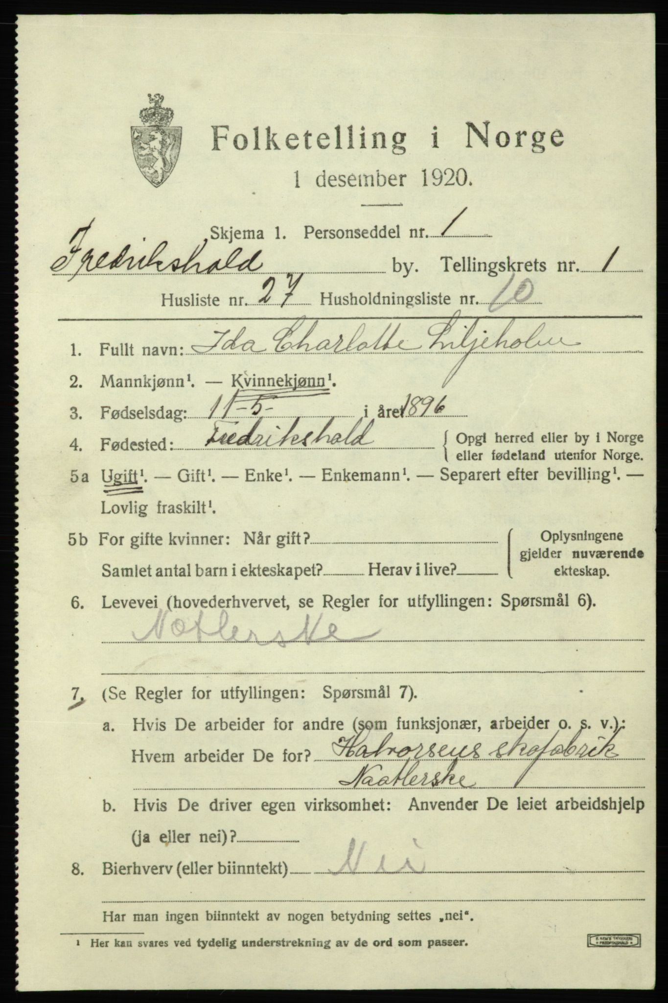 SAO, 1920 census for Fredrikshald, 1920, p. 8594