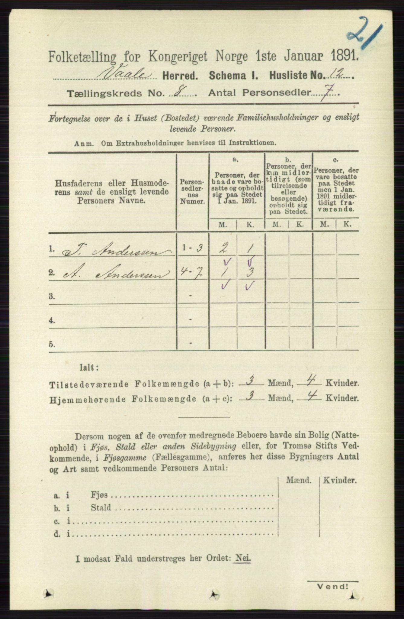 RA, 1891 census for 0716 Våle, 1891, p. 2772