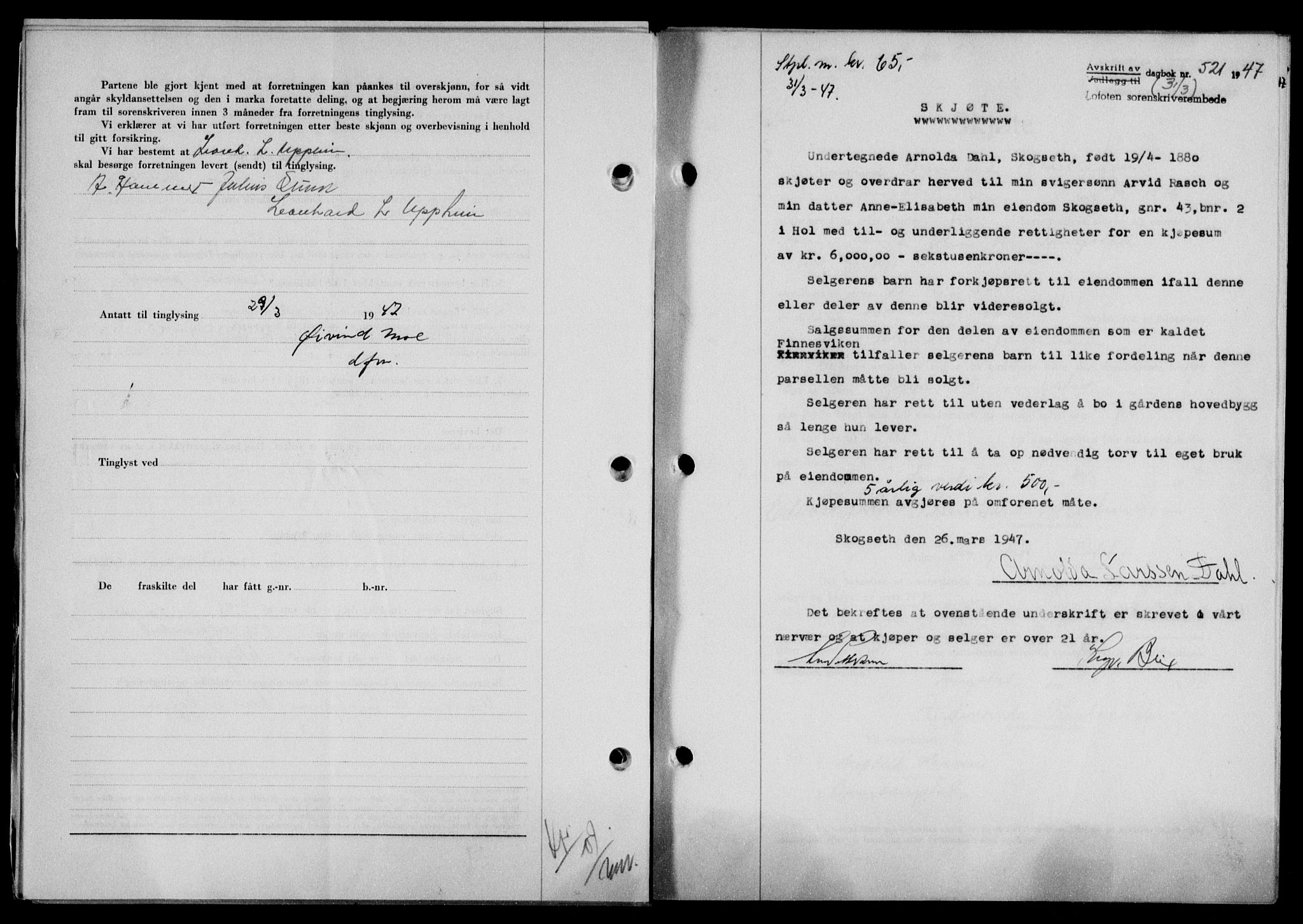 Lofoten sorenskriveri, SAT/A-0017/1/2/2C/L0015a: Mortgage book no. 15a, 1946-1947, Diary no: : 521/1947