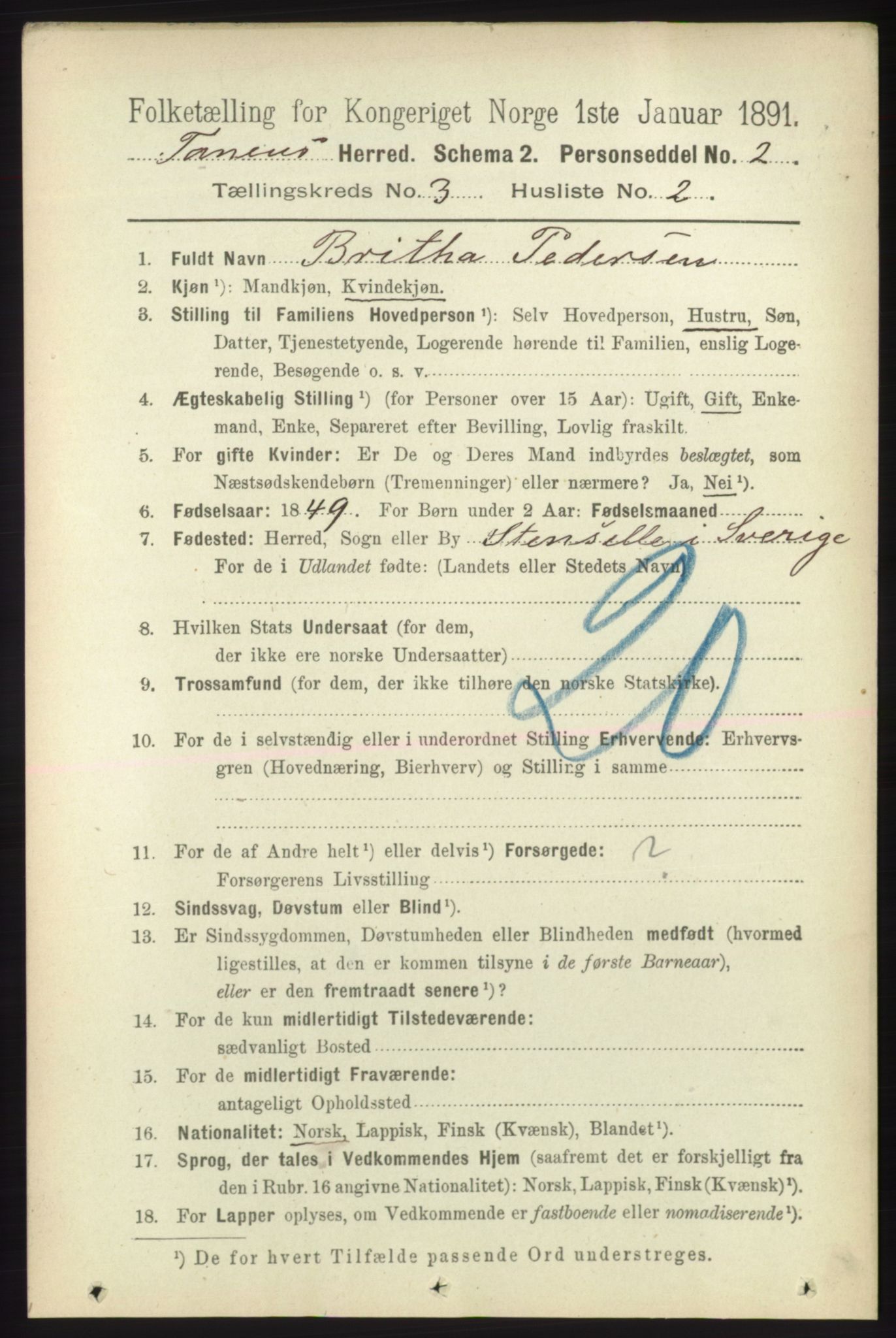 RA, 1891 census for 2025 Tana, 1891, p. 1509