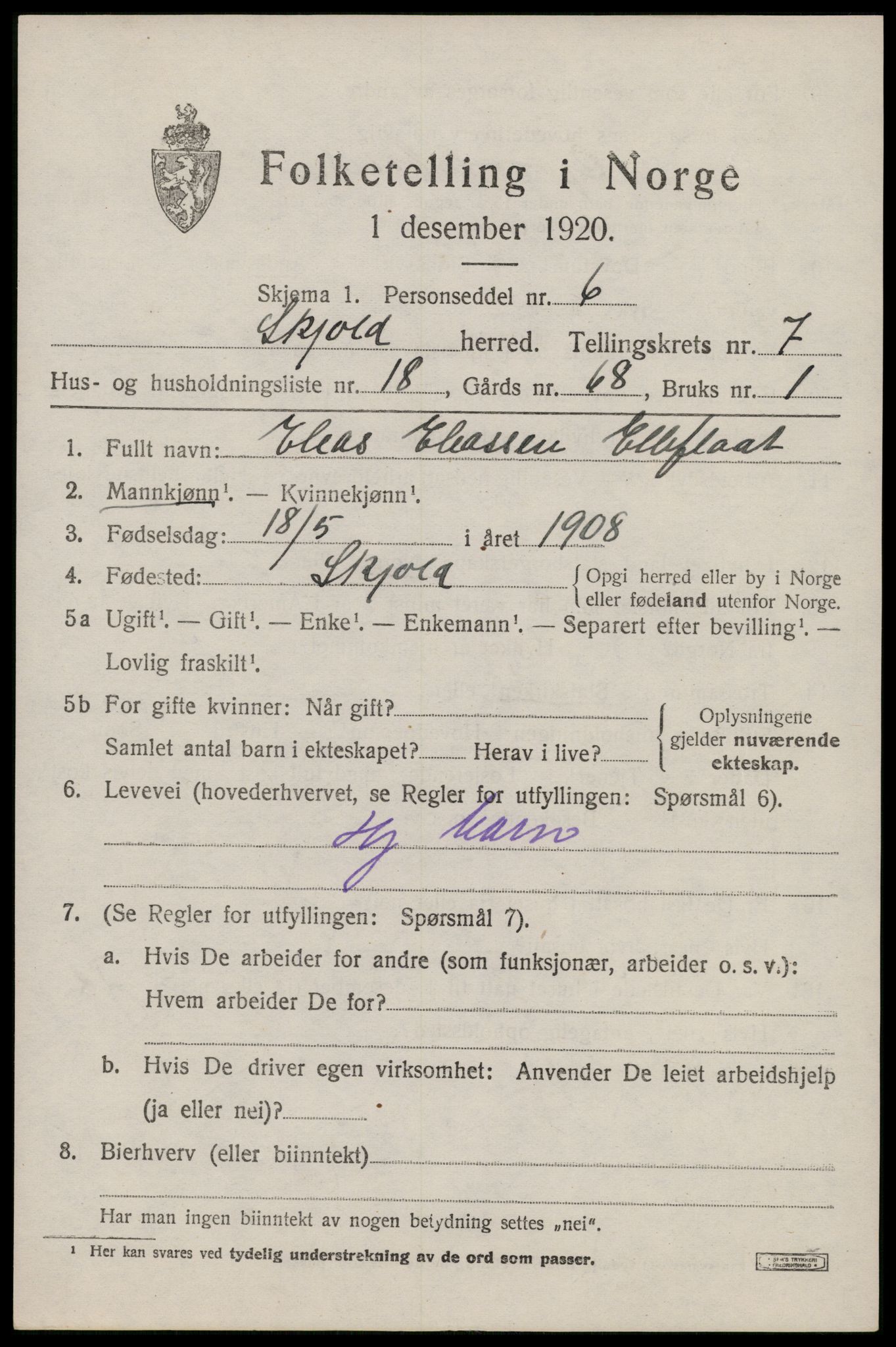 SAST, 1920 census for Skjold, 1920, p. 4052