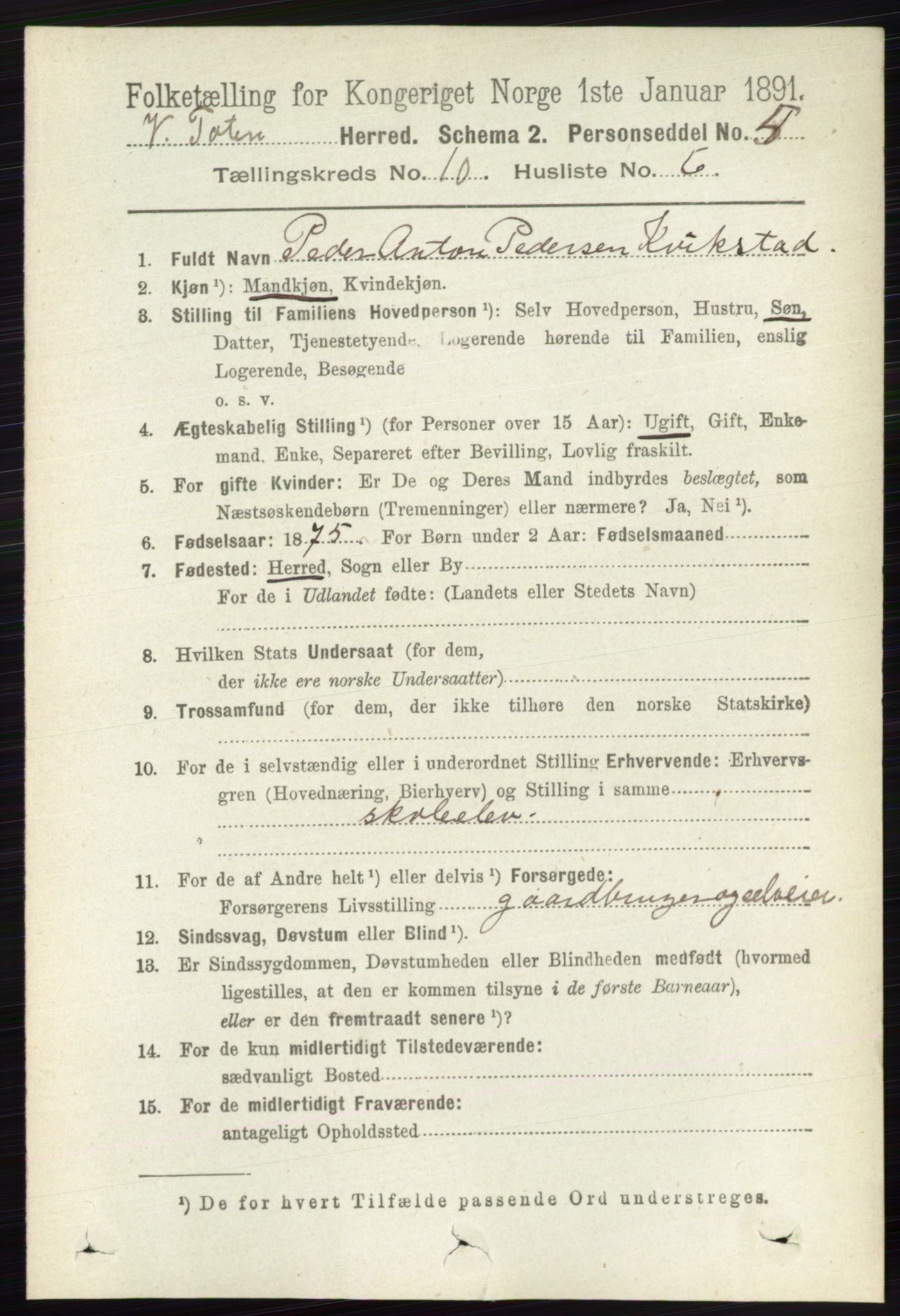 RA, 1891 census for 0529 Vestre Toten, 1891, p. 6224