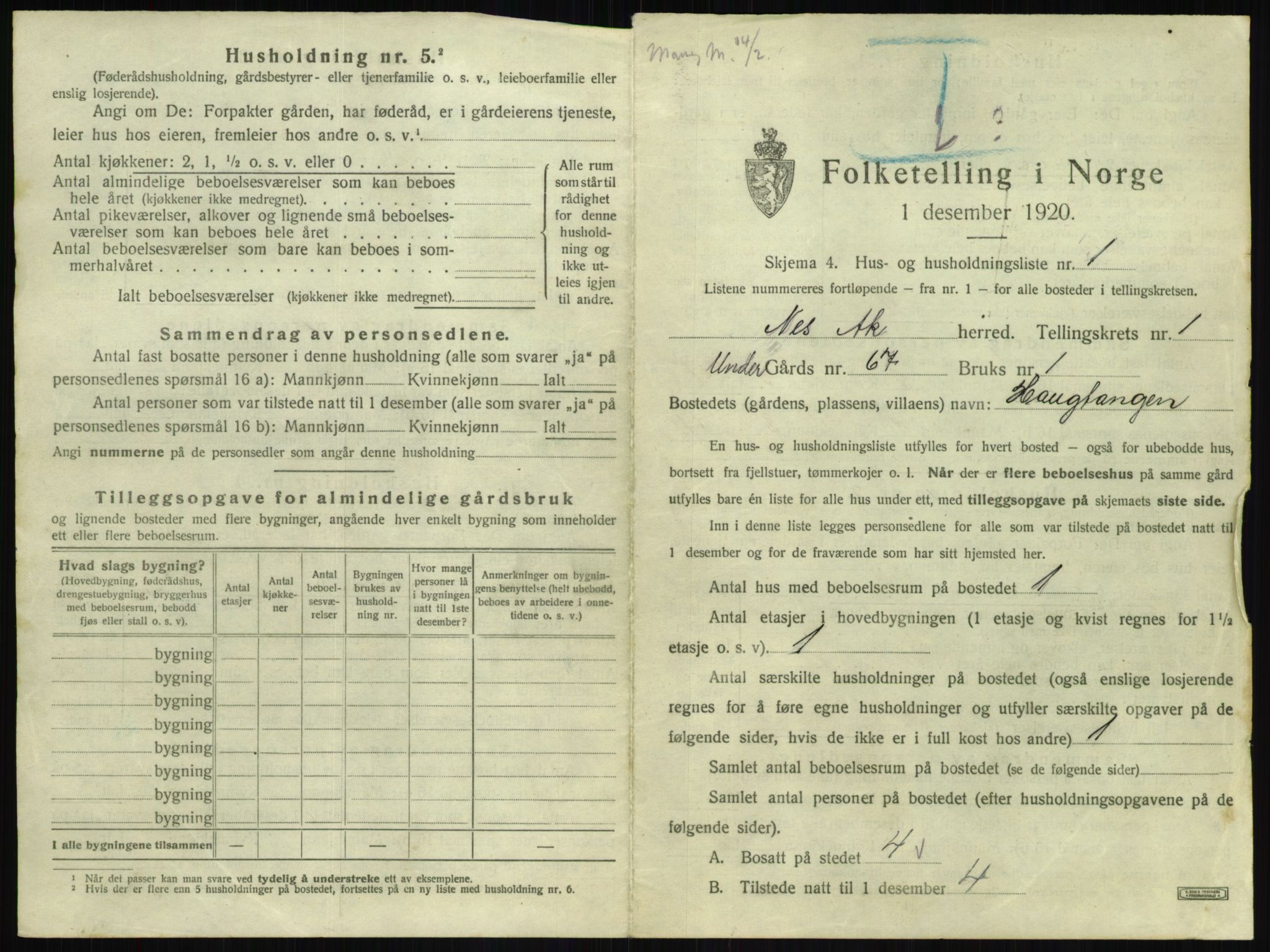 SAO, 1920 census for Nes, 1920, p. 83