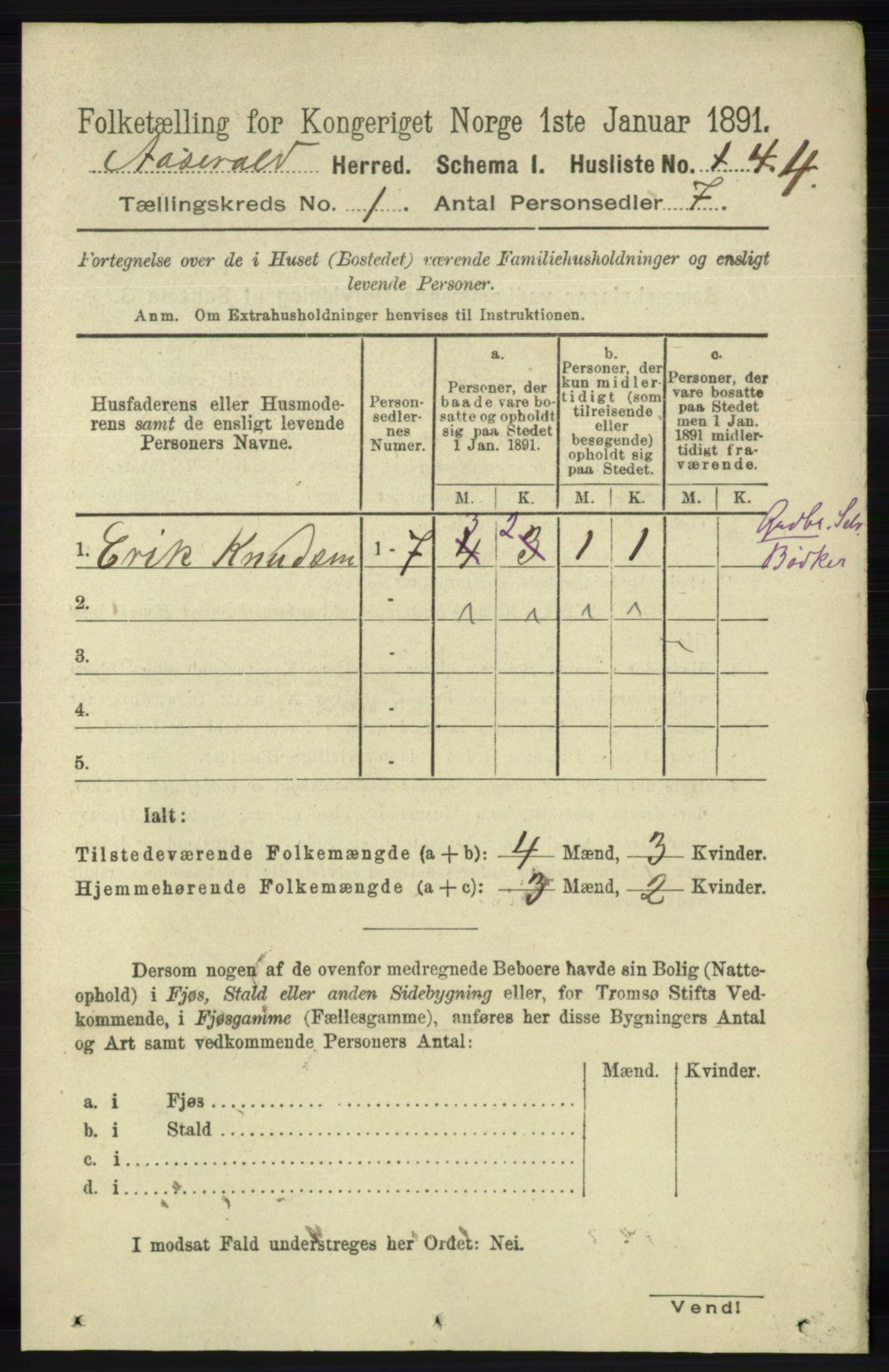 RA, 1891 census for 1026 Åseral, 1891, p. 19