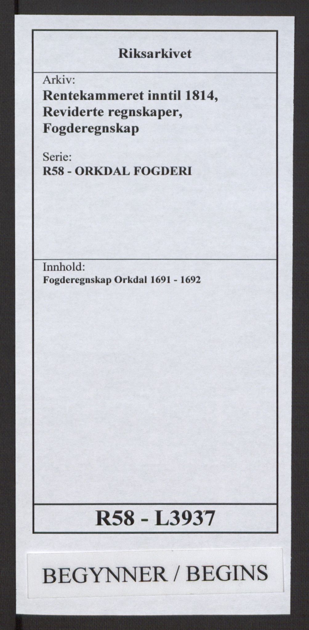 Rentekammeret inntil 1814, Reviderte regnskaper, Fogderegnskap, AV/RA-EA-4092/R58/L3937: Fogderegnskap Orkdal, 1691-1692, p. 1