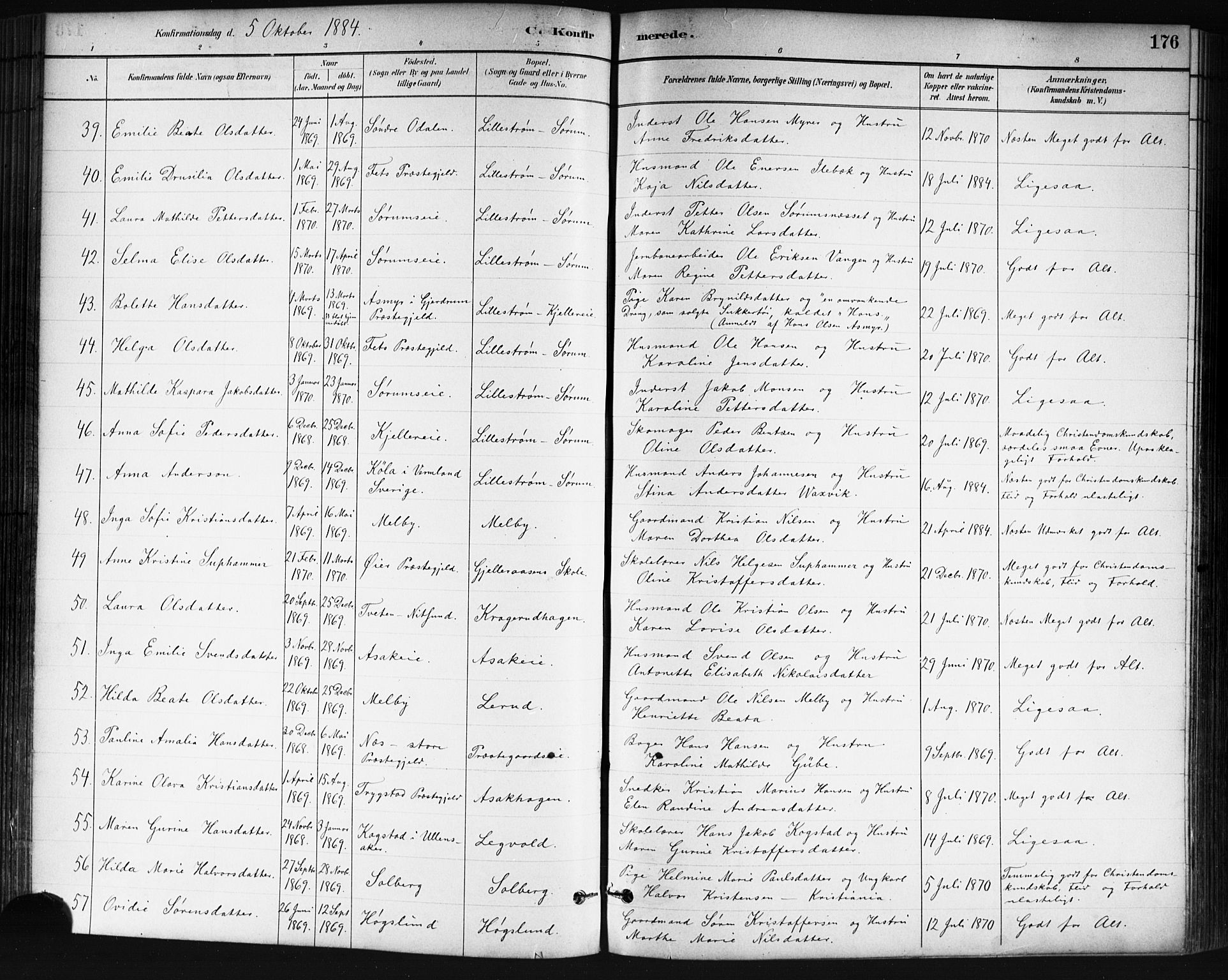 Skedsmo prestekontor Kirkebøker, SAO/A-10033a/G/Ga/L0004: Parish register (copy) no. I 4, 1883-1895, p. 176