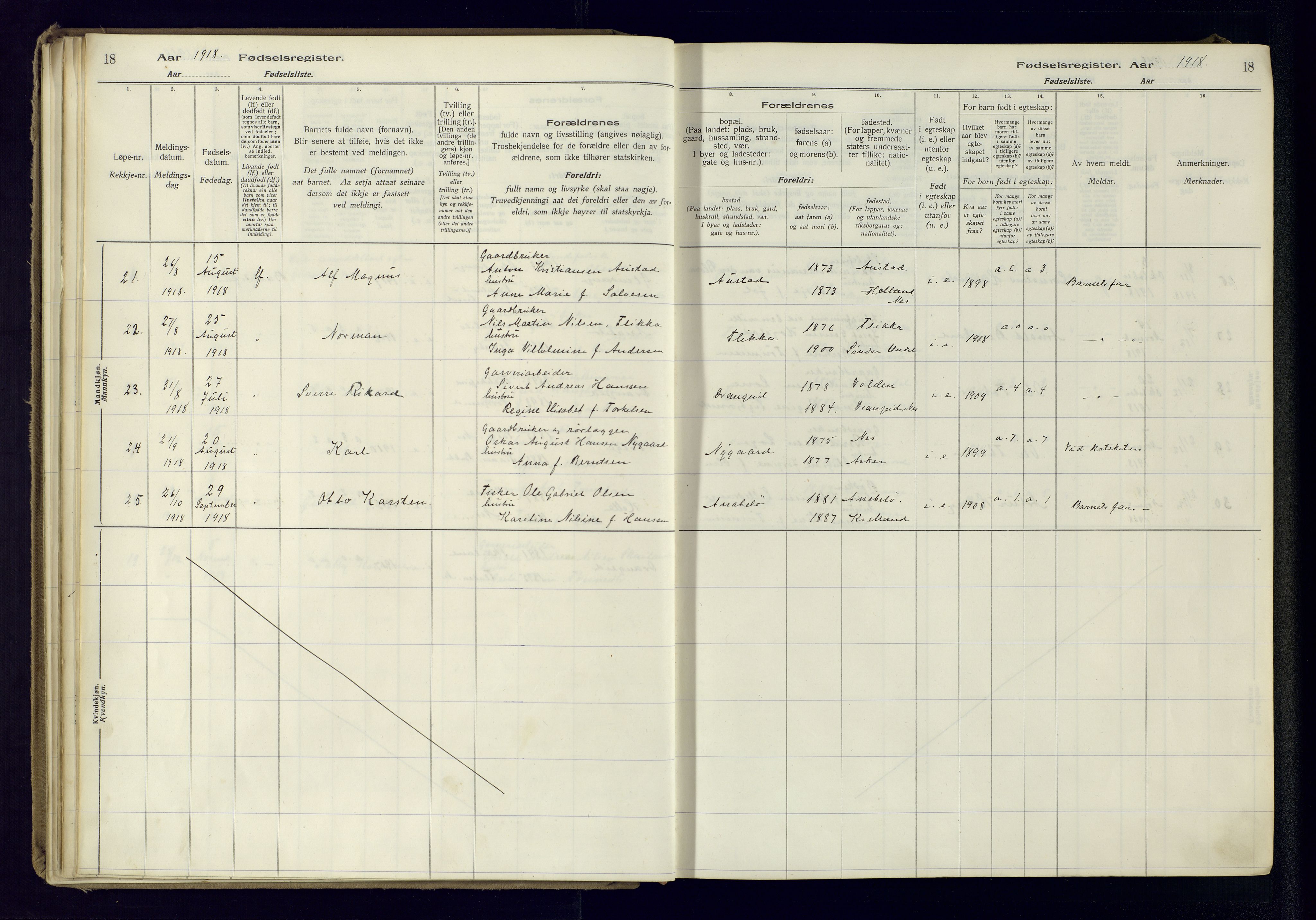 Flekkefjord sokneprestkontor, AV/SAK-1111-0012/J/Ja/L0005: Birth register no. 5, 1916-1950, p. 18