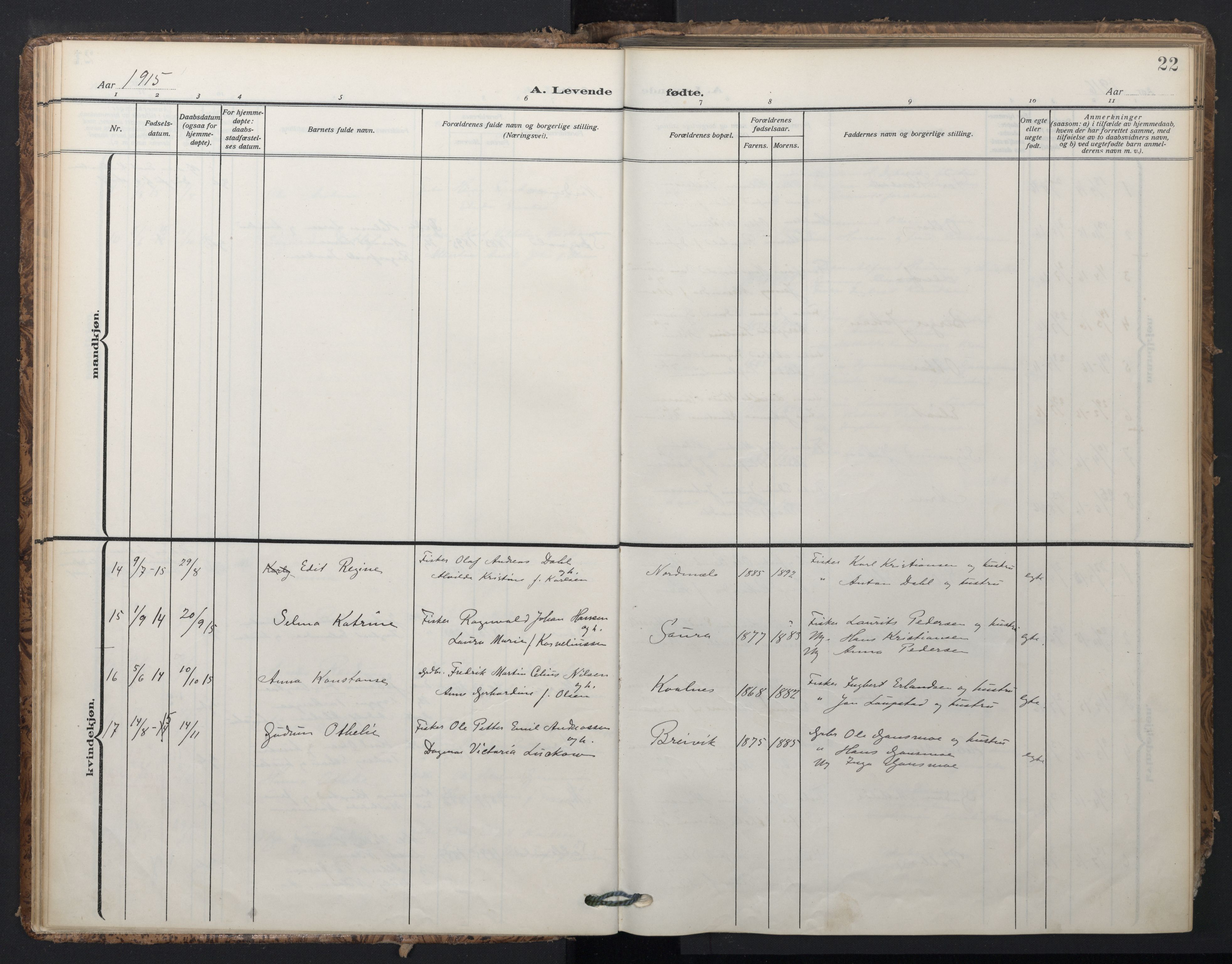 Ministerialprotokoller, klokkerbøker og fødselsregistre - Nordland, SAT/A-1459/897/L1401: Parish register (official) no. 897A08, 1909-1921, p. 22