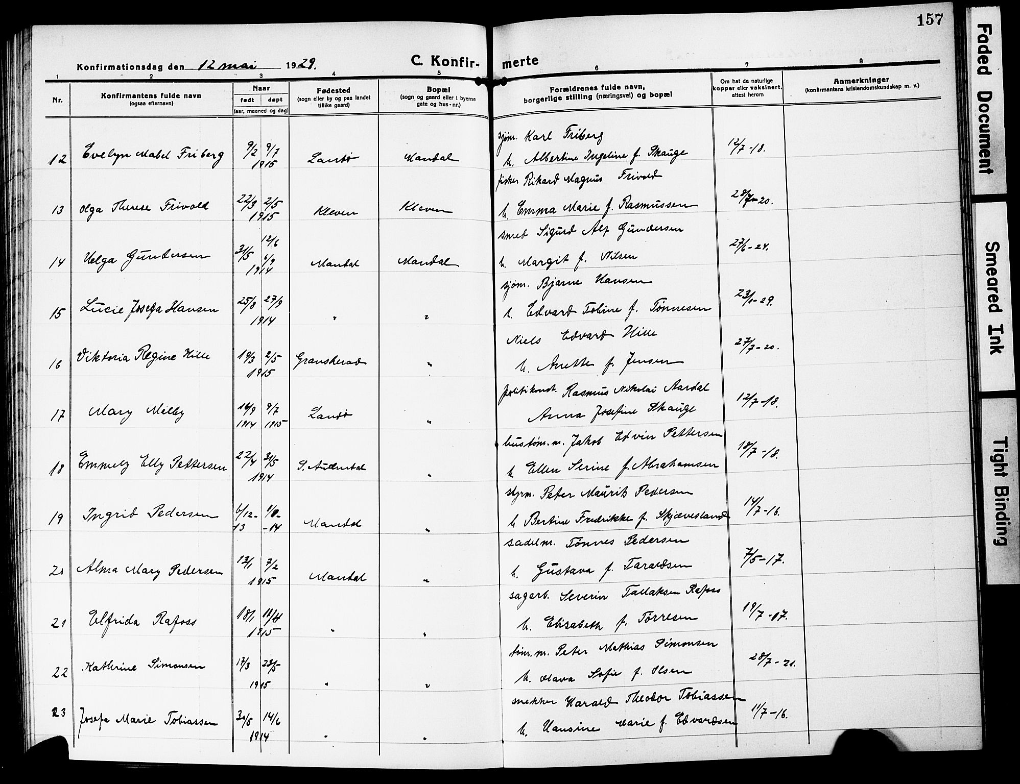 Mandal sokneprestkontor, SAK/1111-0030/F/Fb/Fbc/L0001: Parish register (copy) no. B 1, 1918-1931, p. 157