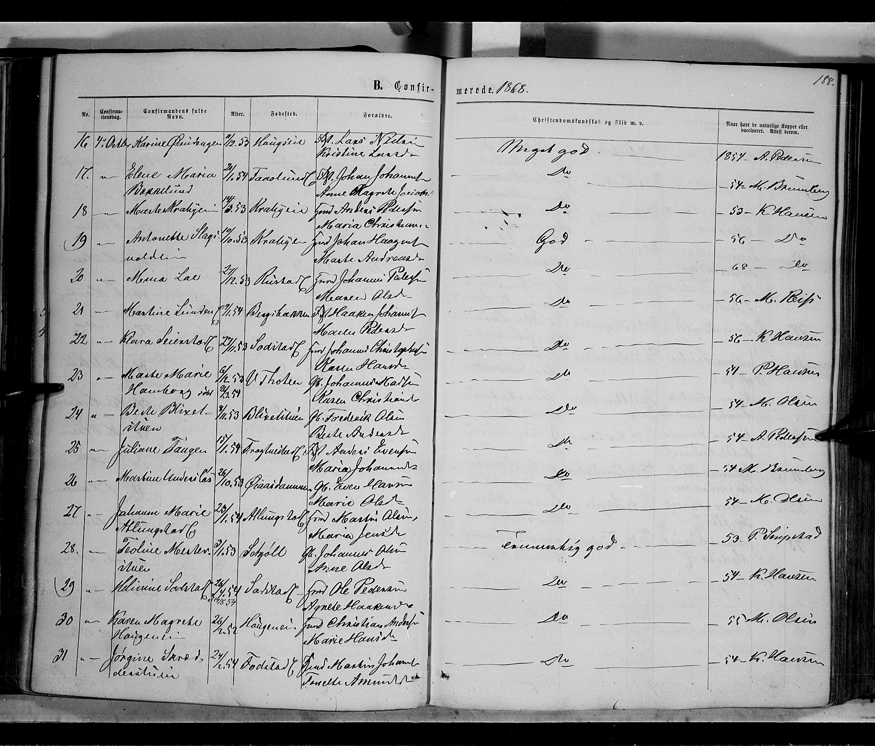 Østre Toten prestekontor, AV/SAH-PREST-104/H/Ha/Haa/L0005: Parish register (official) no. 5, 1866-1877, p. 188