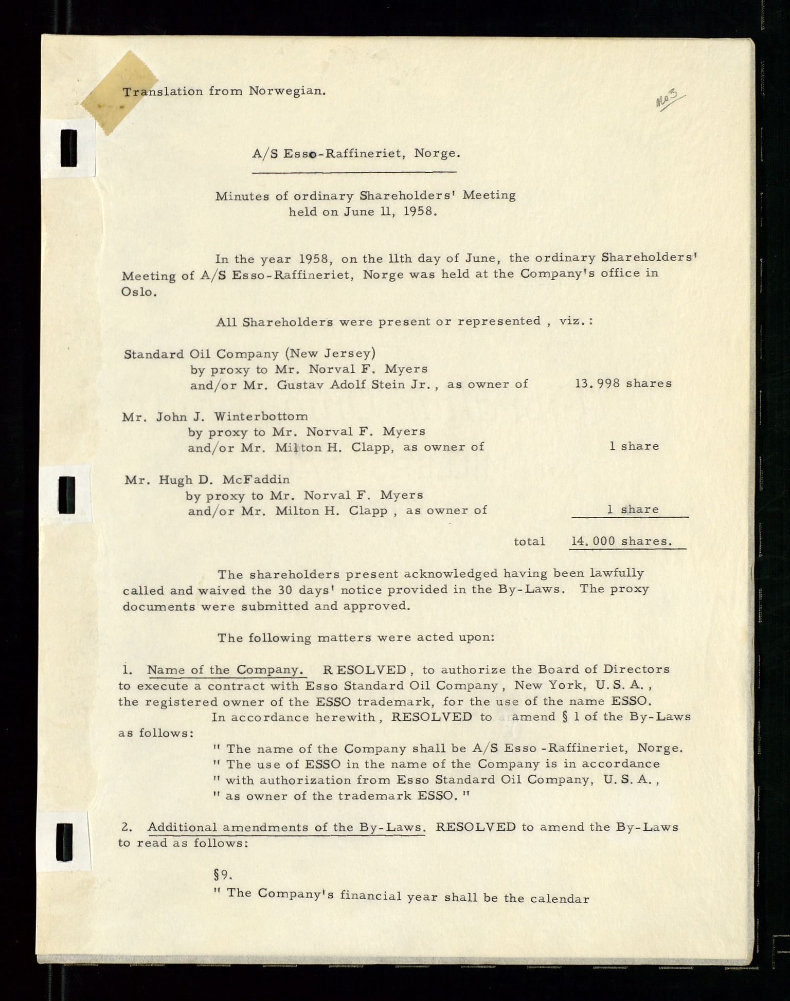 PA 1537 - A/S Essoraffineriet Norge, AV/SAST-A-101957/A/Aa/L0001/0002: Styremøter / Shareholder meetings, board meetings, by laws (vedtekter), 1957-1960, p. 64