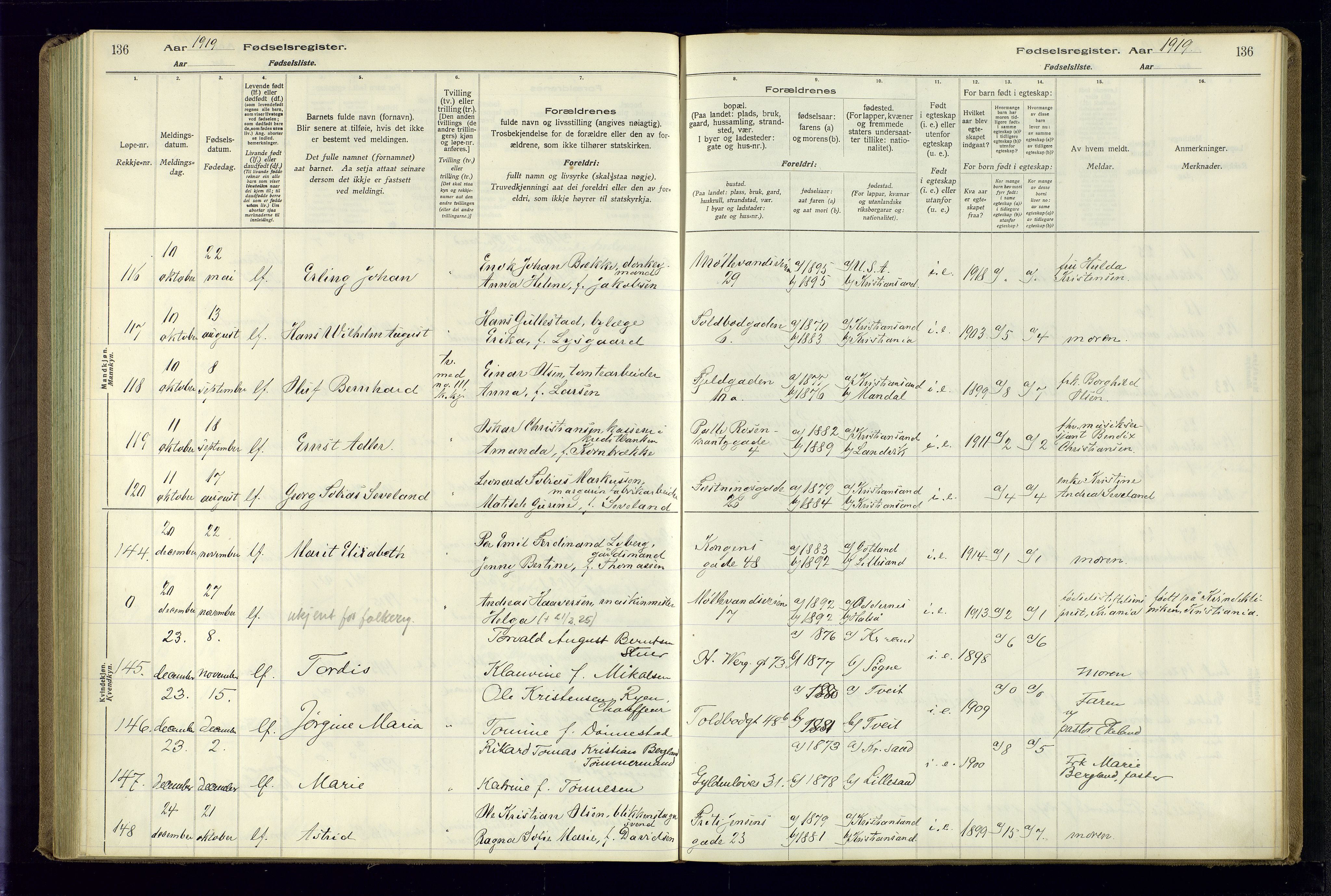 Kristiansand domprosti, AV/SAK-1112-0006/J/Jc/L0001: Birth register no. A-VI-45, 1916-1921, p. 136