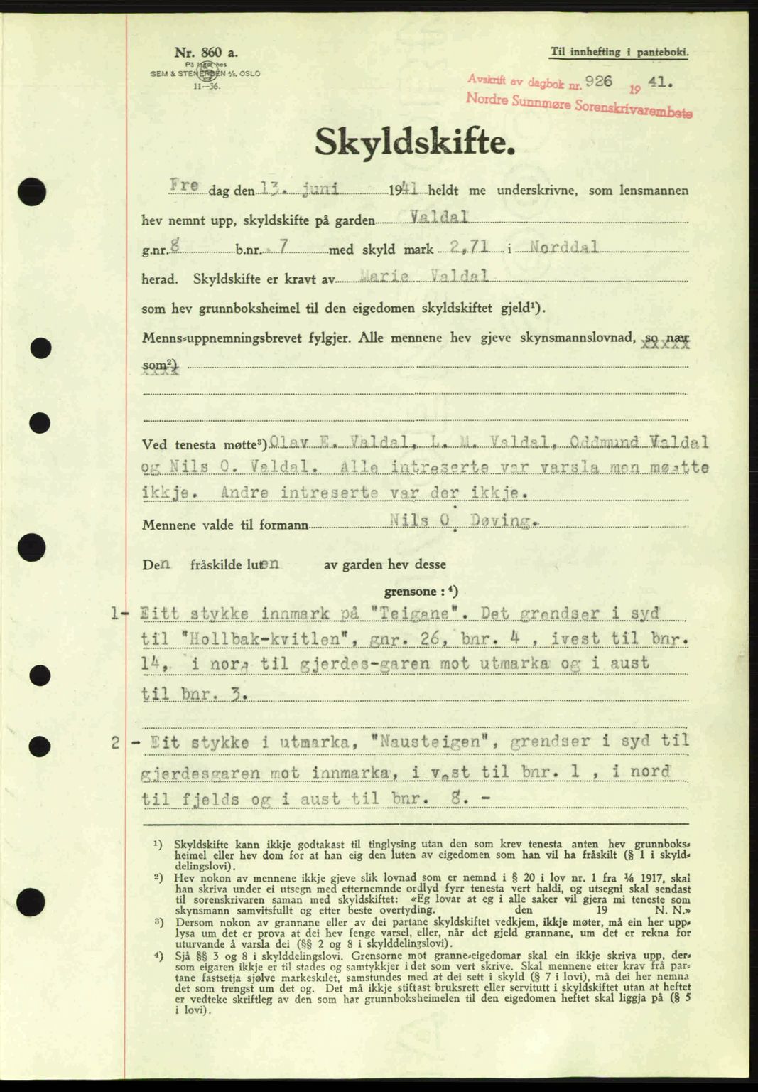 Nordre Sunnmøre sorenskriveri, AV/SAT-A-0006/1/2/2C/2Ca: Mortgage book no. A11, 1941-1941, Diary no: : 926/1941