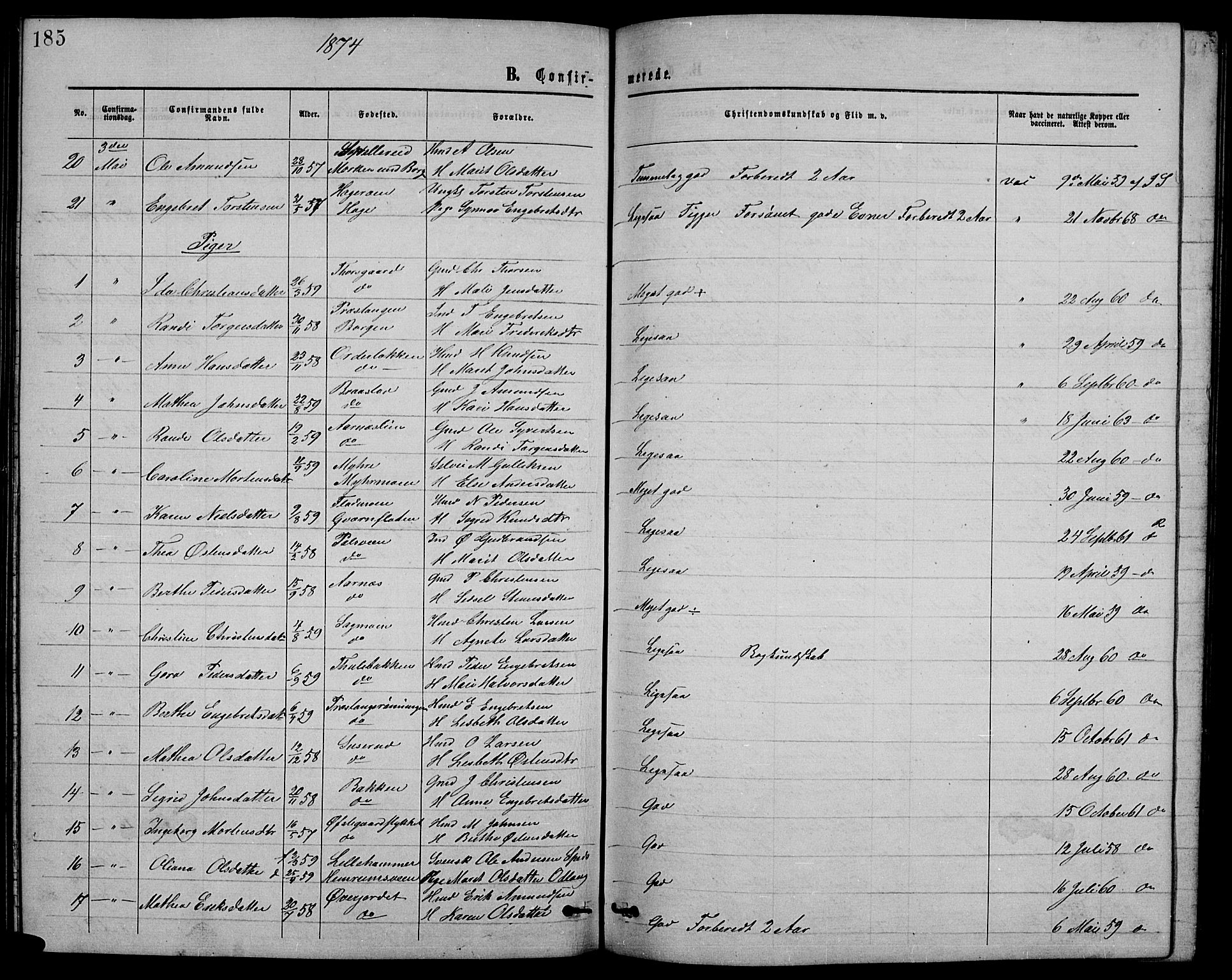 Ringebu prestekontor, SAH/PREST-082/H/Ha/Hab/L0004: Parish register (copy) no. 4, 1867-1879, p. 185