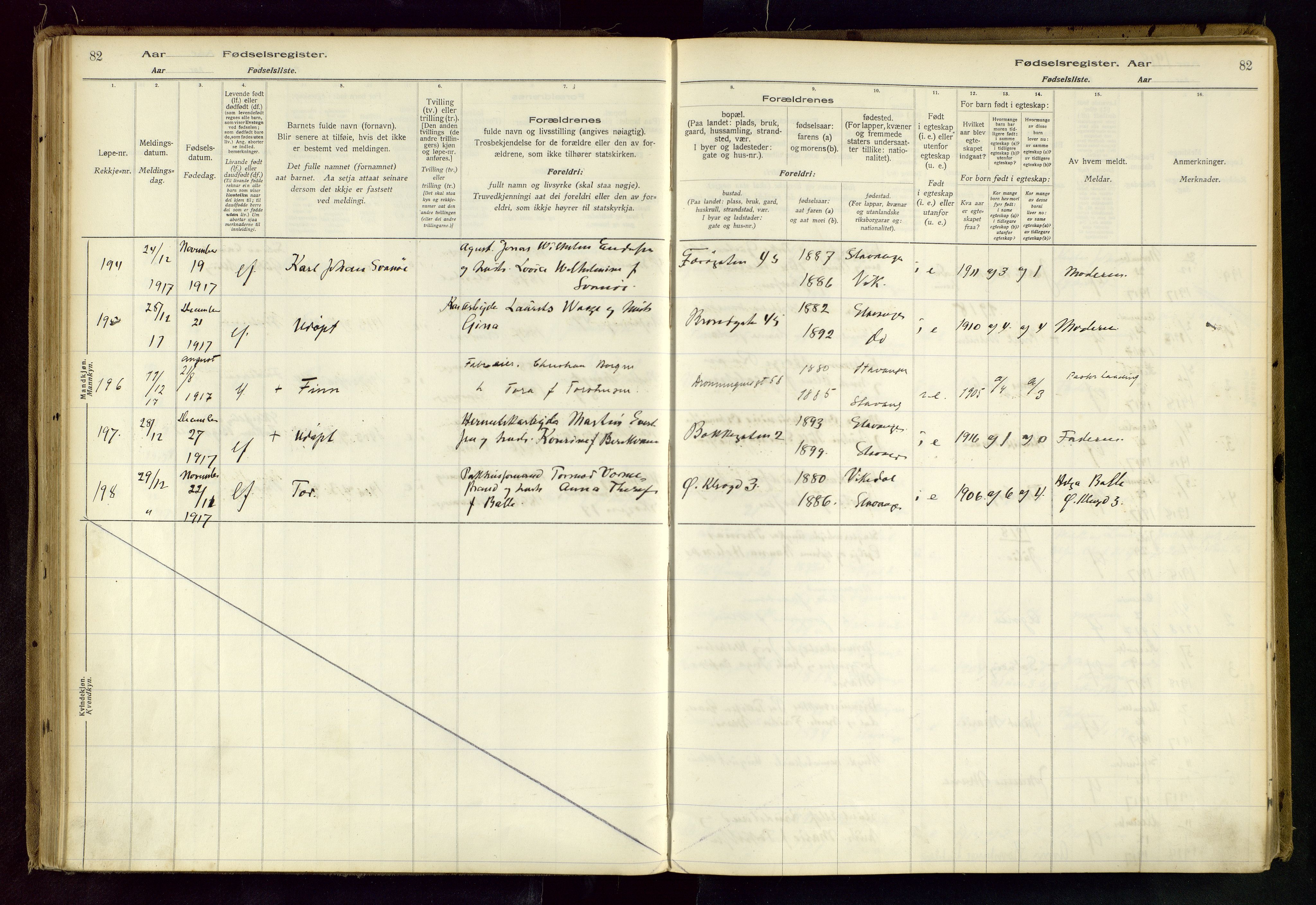 Domkirken sokneprestkontor, AV/SAST-A-101812/002/B/L0001: Birth register no. 1, 1916-1920, p. 82