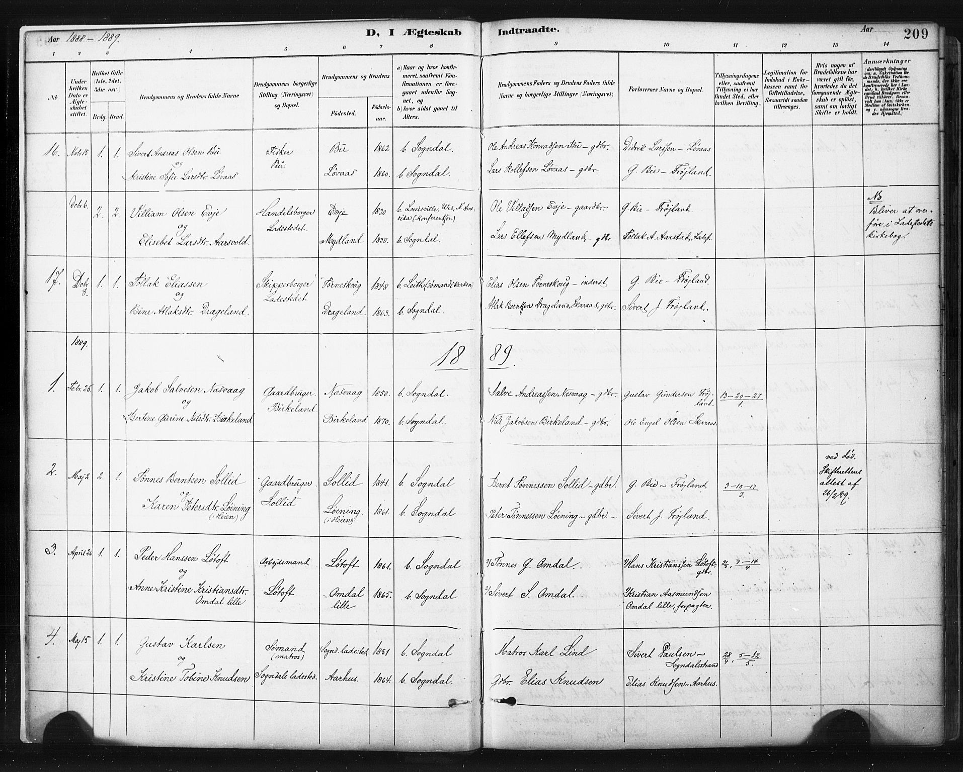 Sokndal sokneprestkontor, SAST/A-101808: Parish register (official) no. A 11.2, 1887-1905, p. 209