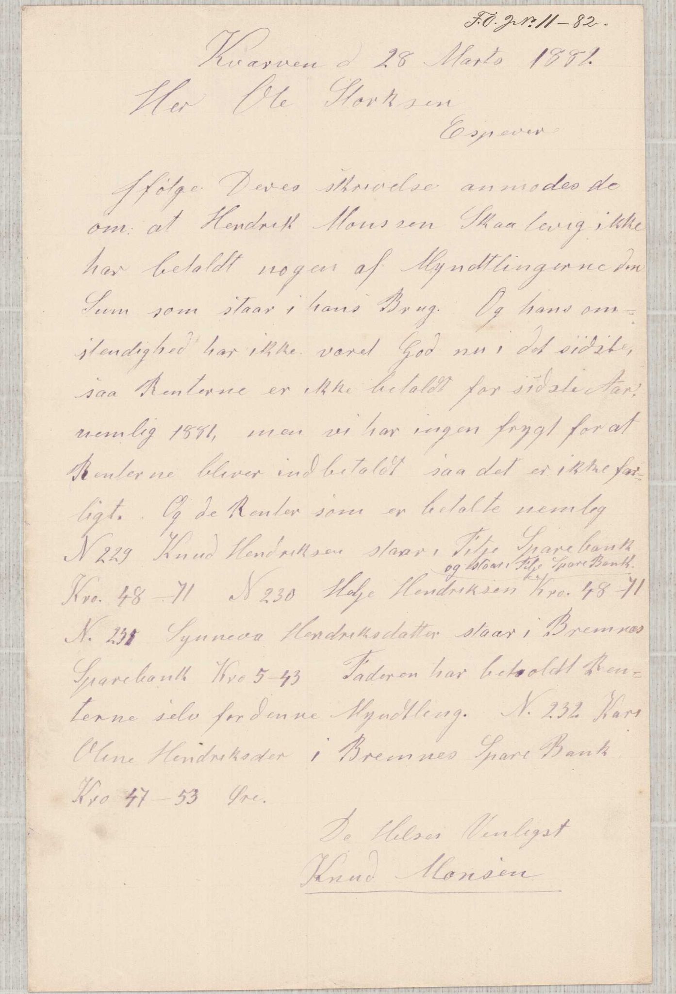 Finnaas kommune. Overformynderiet, IKAH/1218a-812/D/Da/Daa/L0001/0002: Kronologisk ordna korrespondanse / Kronologisk ordna korrespondanse, 1876-1882, p. 145