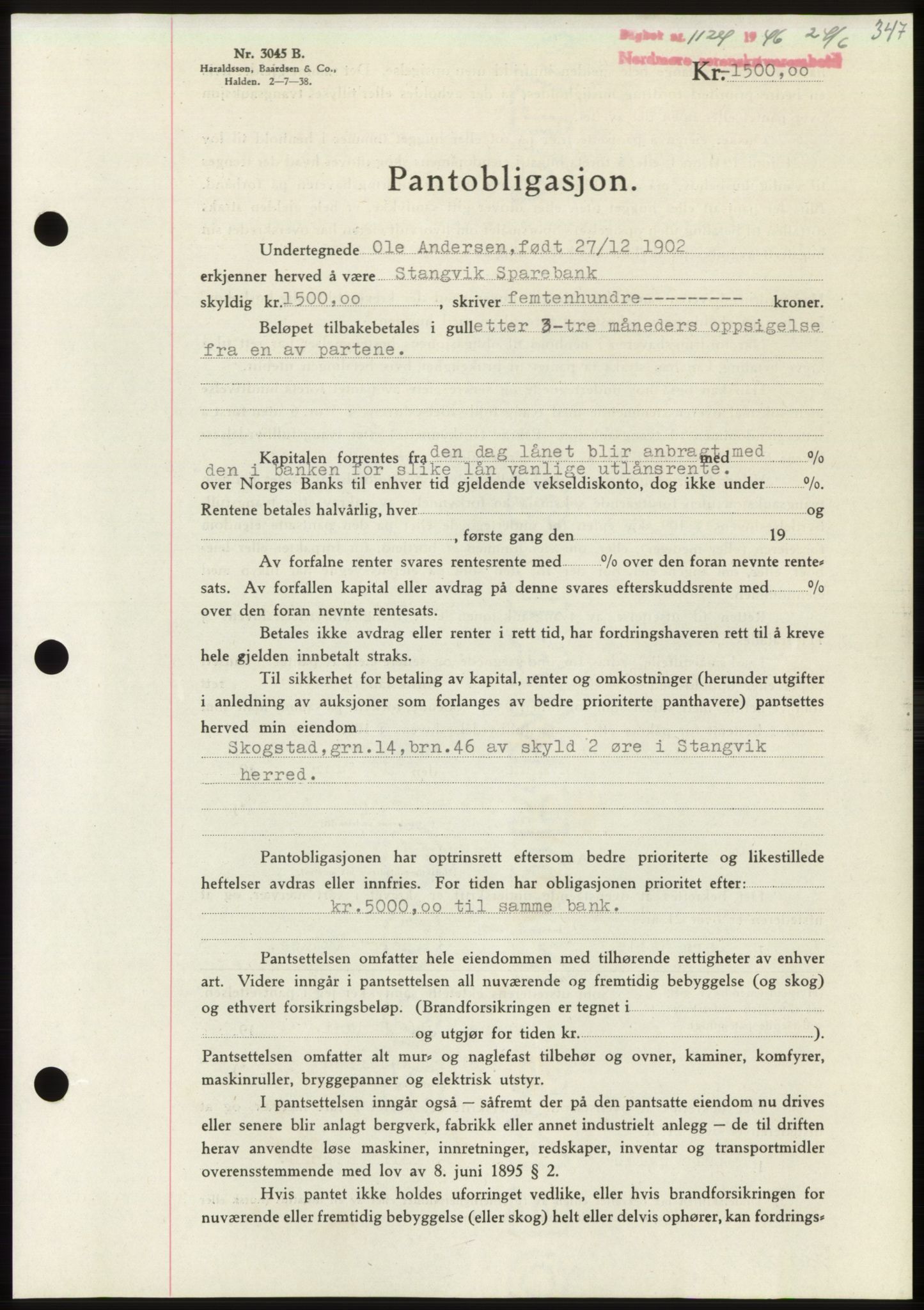 Nordmøre sorenskriveri, AV/SAT-A-4132/1/2/2Ca: Mortgage book no. B94, 1946-1946, Diary no: : 1124/1946