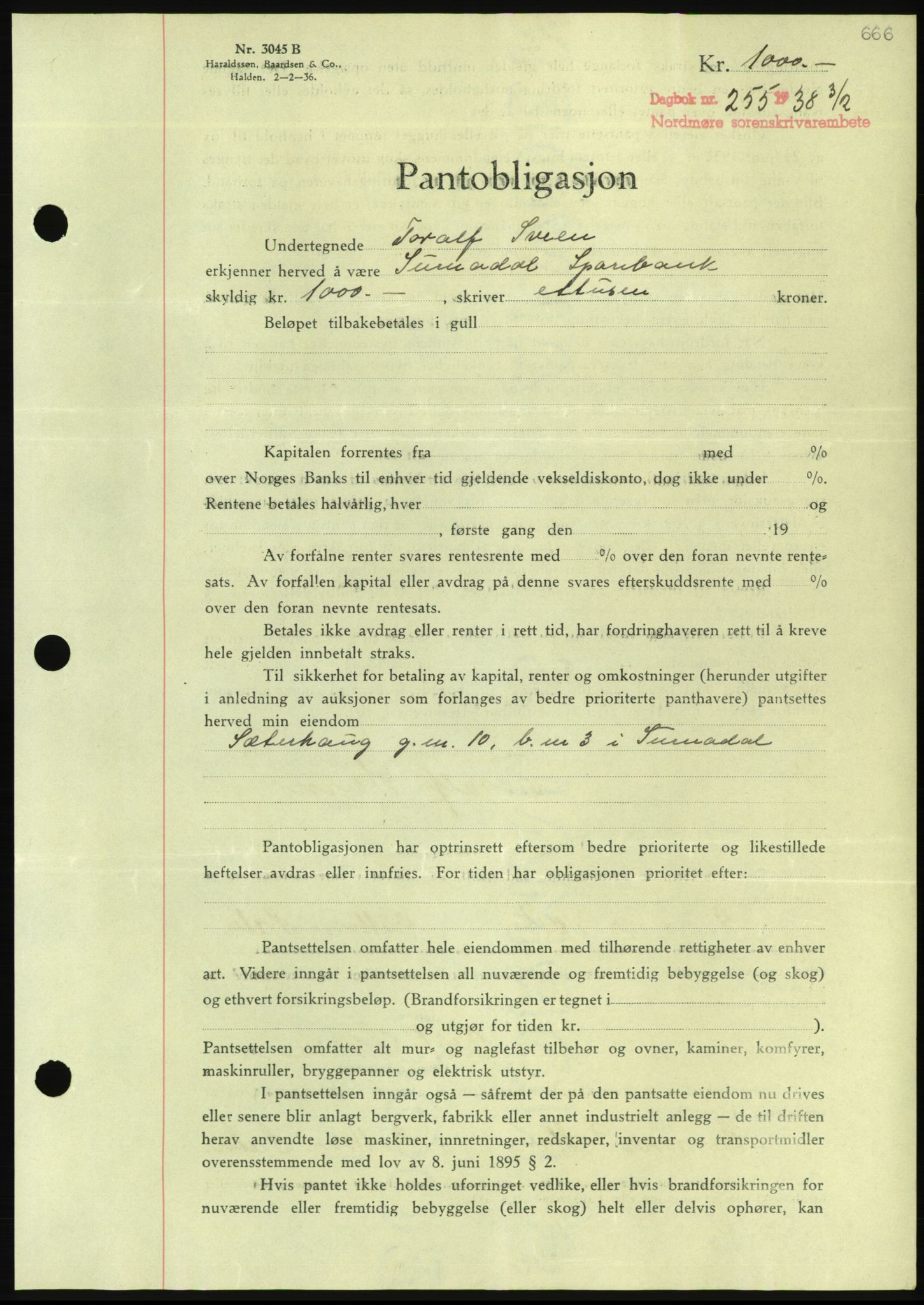 Nordmøre sorenskriveri, AV/SAT-A-4132/1/2/2Ca/L0092: Mortgage book no. B82, 1937-1938, Diary no: : 255/1938