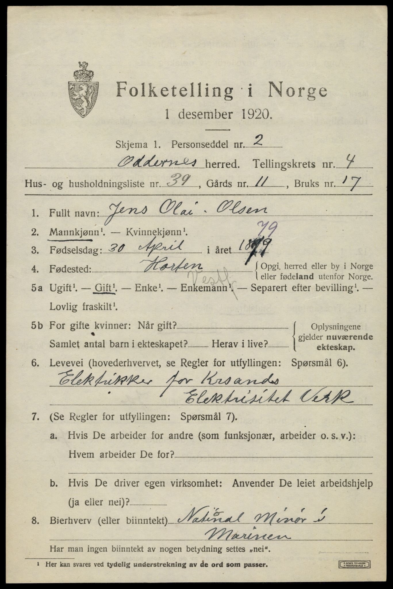SAK, 1920 census for Oddernes, 1920, p. 4419